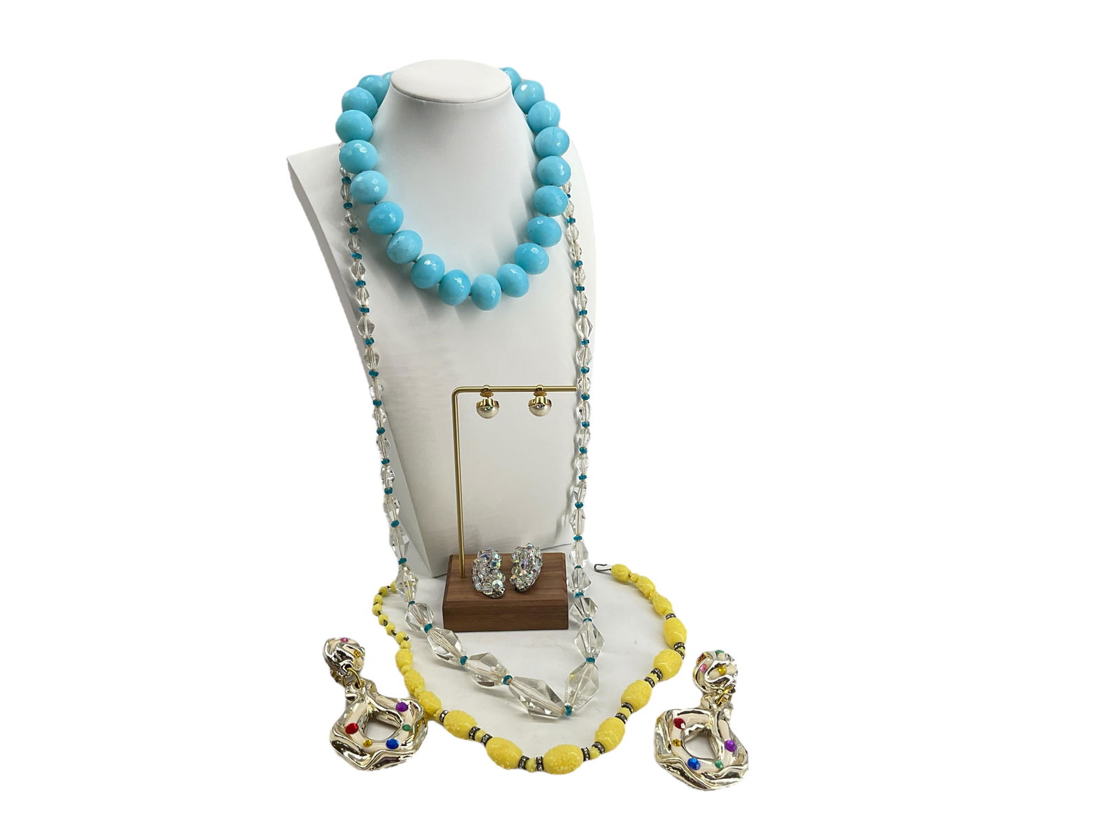 Pretty Sky-Blue Glass Bead Necklace, Showy Long Drop Earrings, Vintage Yellow Beaded Necklace, (1 of 7)