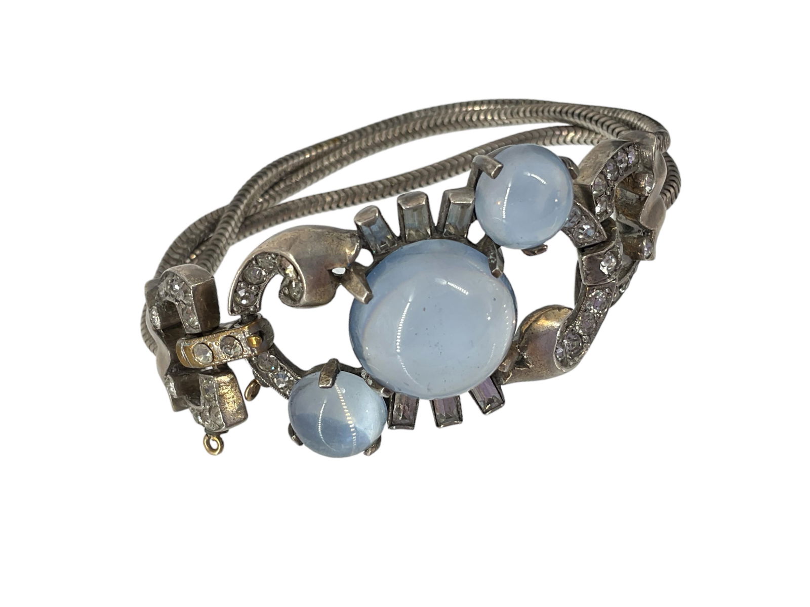 Vintage Hallmarked "Mazer" Fancy Silver Bracelet: Vintage Hallmarked "Mazer" Fancy Silver BraceletBracelet is hallmarked for both "Mazer" and "Sterling," is approx 6 3/4" long and features three chains attached to a central section of three light blu