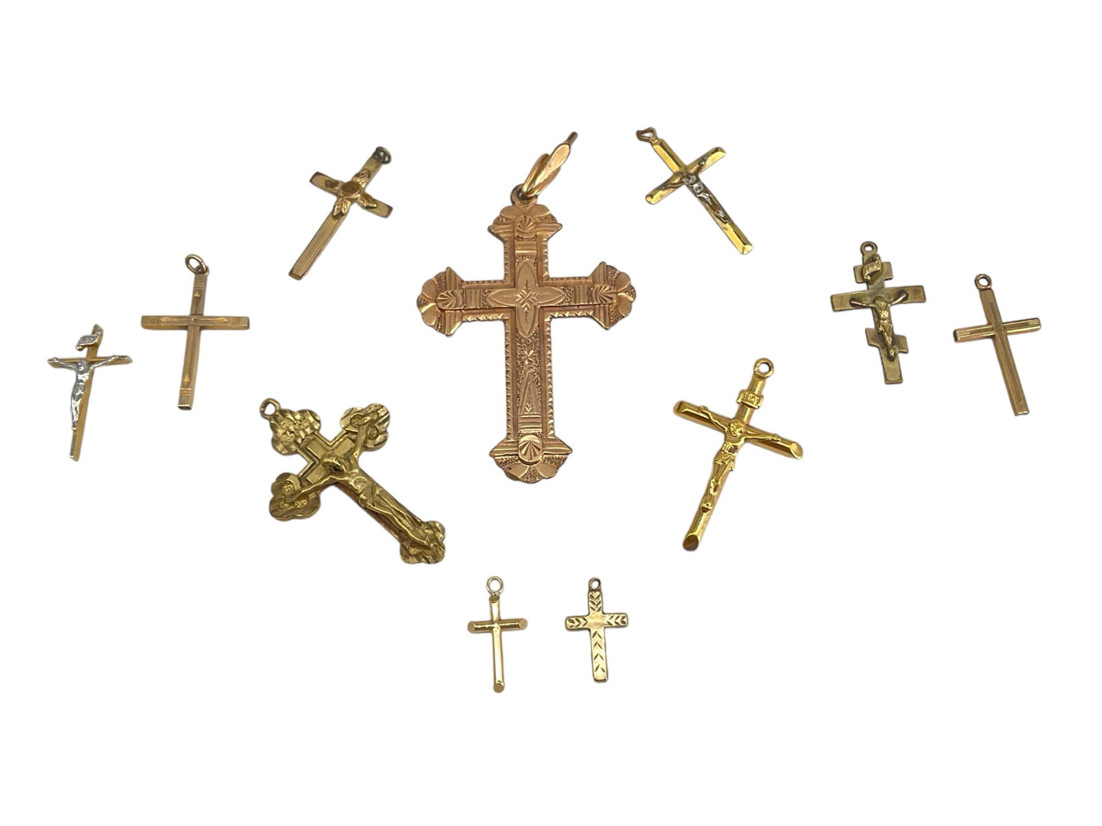 Antique - Modern Gold Filled Cross Pendants: Antique - Modern Gold Filled Cross Pendants The largest pendant measures approx. (2.9" x 1.54") - Victorian with engraved embellishments, a variety of styles including corpus cross and more, smallest 
