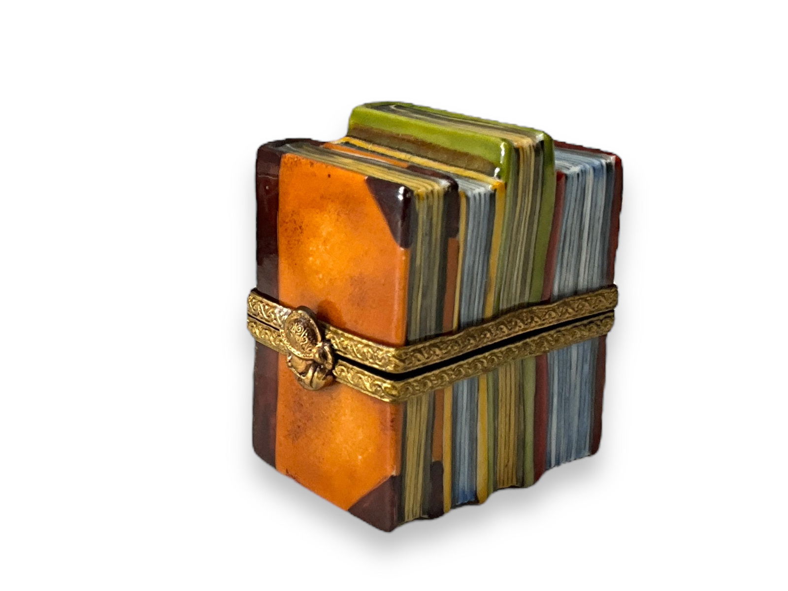 Limoges France AMR Porcelain Trinket Box - Book Stack: Limoges France AMR Porcelain Trinket Box - Book Stack44.5mm in size, hinged porcelain box (signed on interior), hand-painted, with some minor age-related wear. Featuring a stack of books motif.