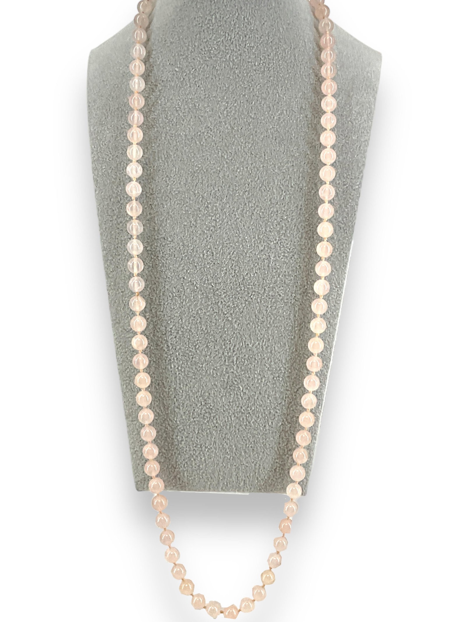 Rose Quartz Necklace: Rose Quartz Necklace Measuring 32" in length with double knotted rose quartz beads (approx. 8.1mm each) minimal blemishes / inclusions, finishing with a box clasp closure - stamped sterling but does n