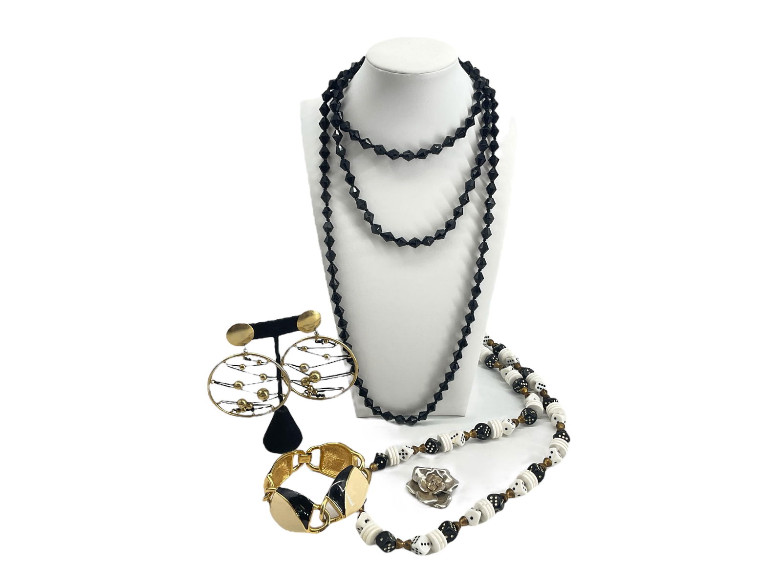 Signed "Monet" Bracelet, Dice Themed Necklace, Silver Rose Pin, Bold Earrings and Black Beaded (1 of 7)