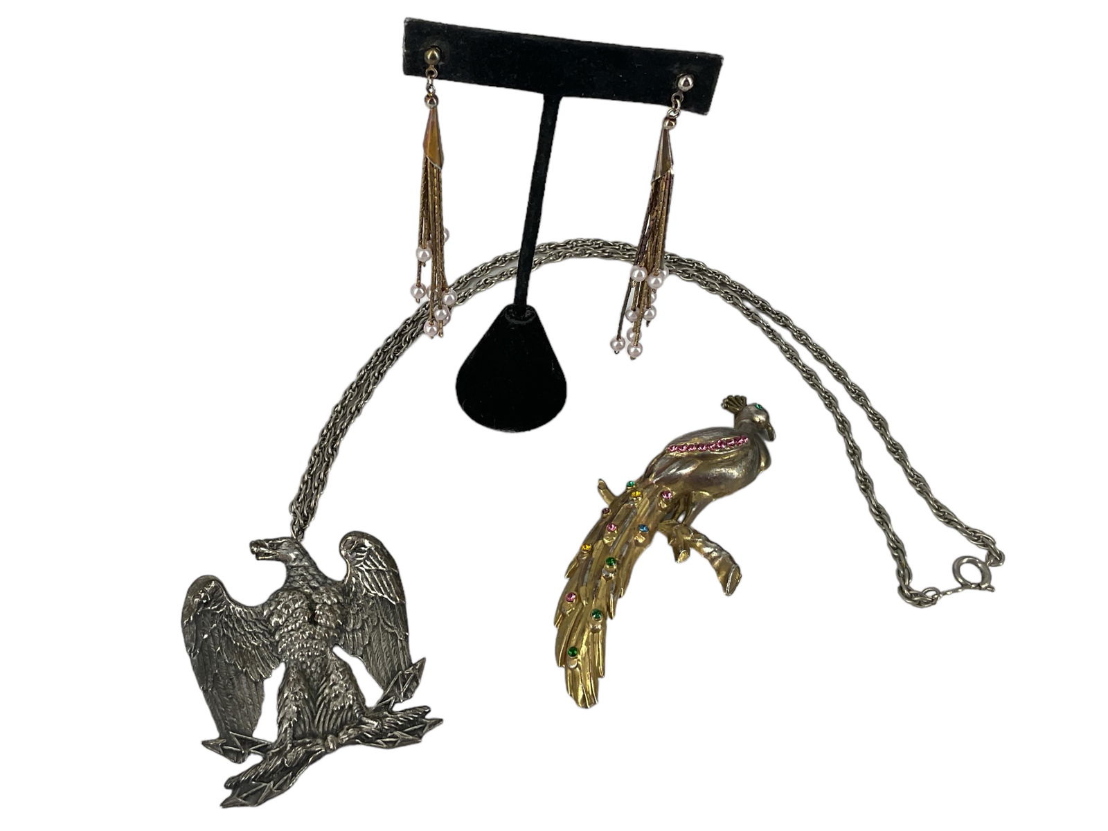 Signed "Accessocraft NYC" Eagle Necklace, Dangling Earrings and a Vintage Peacock Brooch (1 of 8)