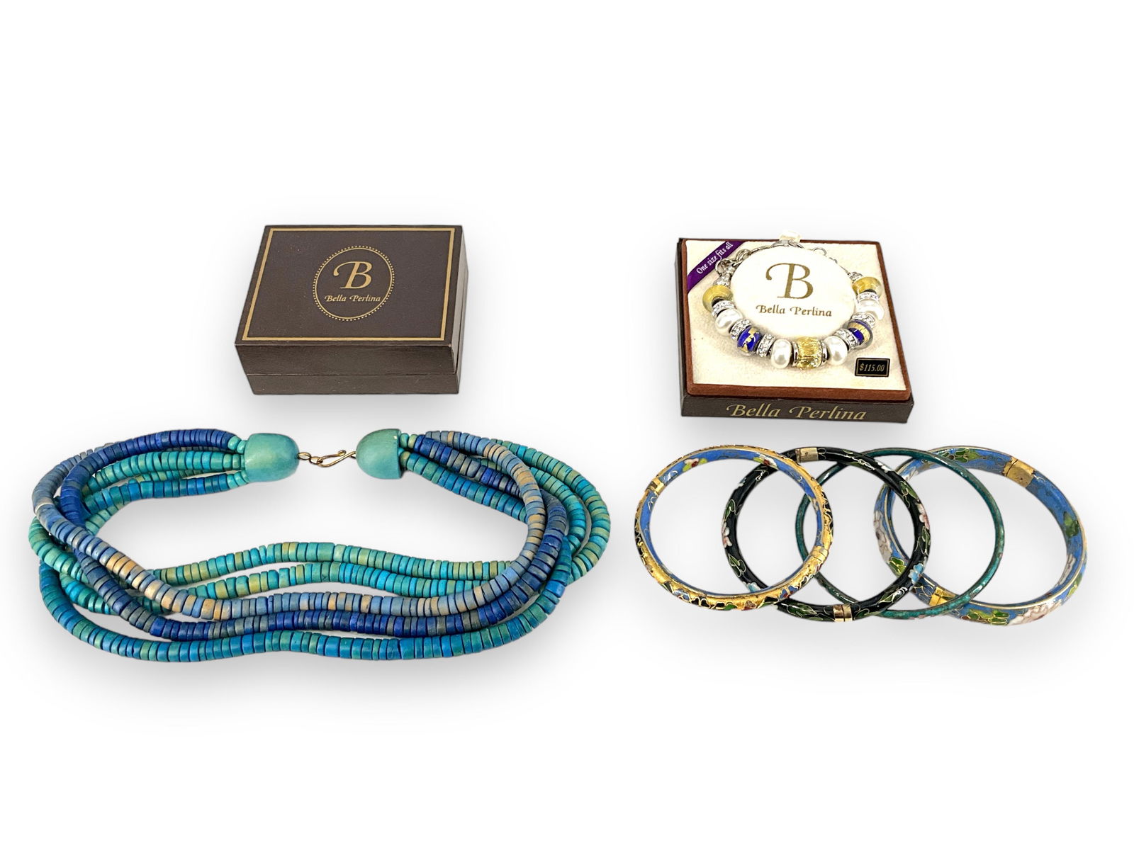 "Bella Perlina" Branded Roundel Charms & Bracelet, Blue Wood Bead Necklace and Four CloisonnÈ (1 of 6)