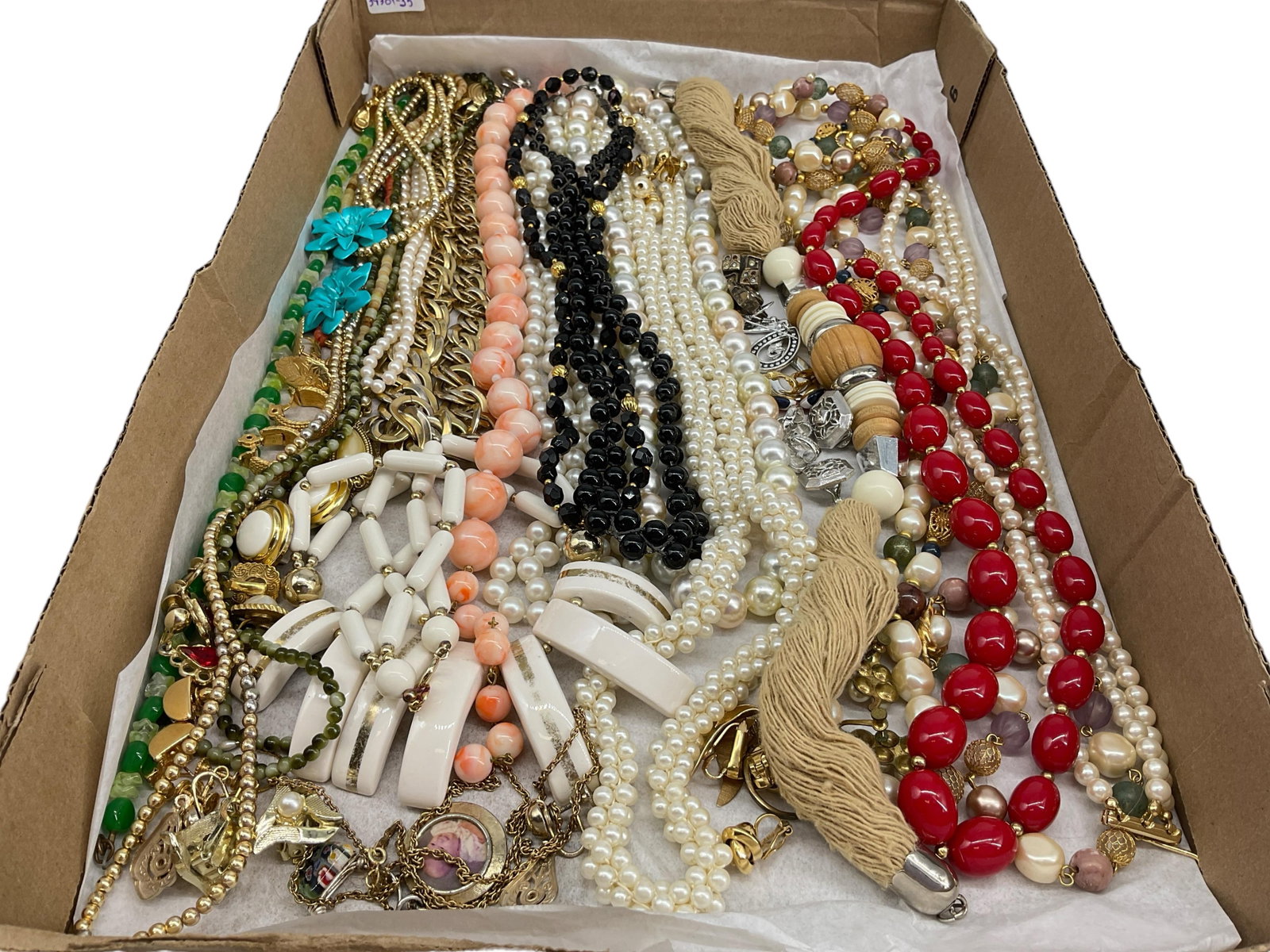 Lovely Box of Fashion Jewelry Including Signed "Monet" and "Napier" - Lots of Earrings and Necklaces: Lovely Box of Fashion Jewelry Including Signed "Monet" and "Napier" - Lots of Earrings and Necklaces Lot contains a pair of chain-drop gold-tone earrings with adjustable clip-back earrings signed "Nap