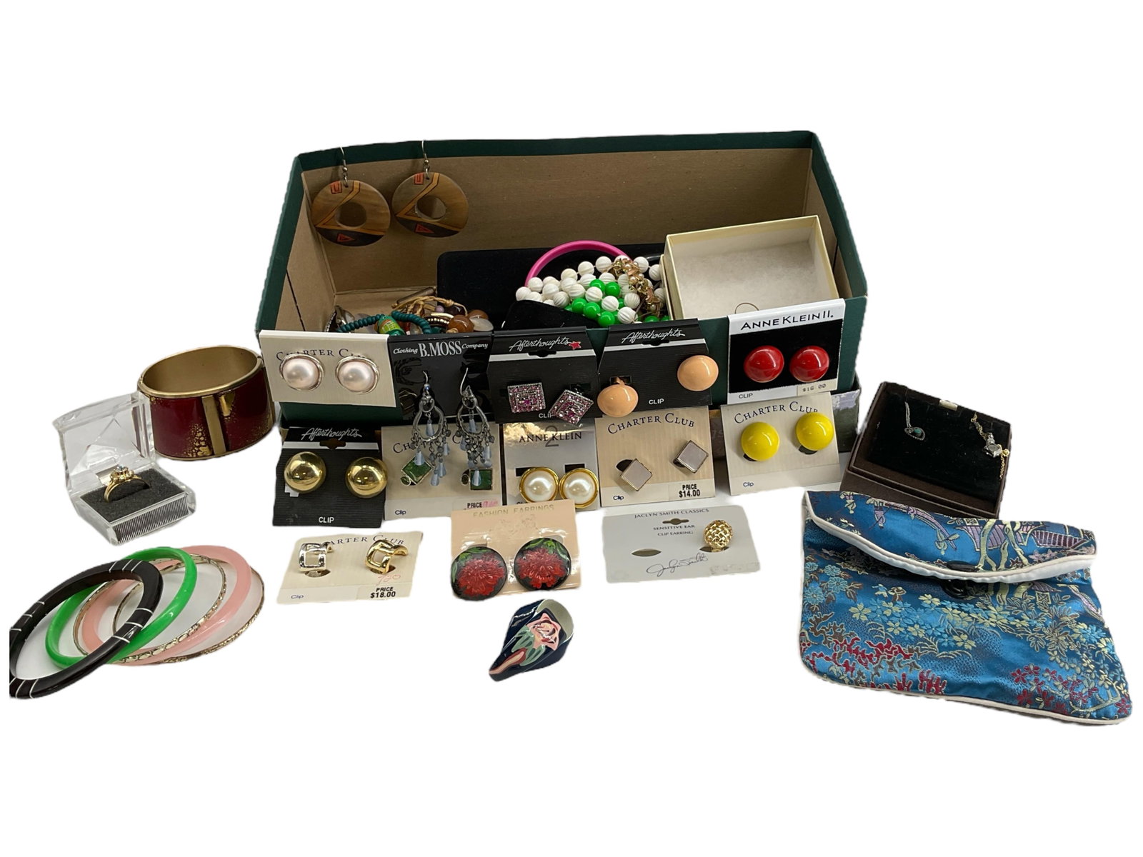 Box Lot OF Jewelry & Accessories: Box Lot OF Jewelry & Accessories Vintage - modern designs, several chains, new old stock clip on earrings, jewelry boxes, vintage 1960's beaded necklace, hinged gold tone bangle with red accents, addi