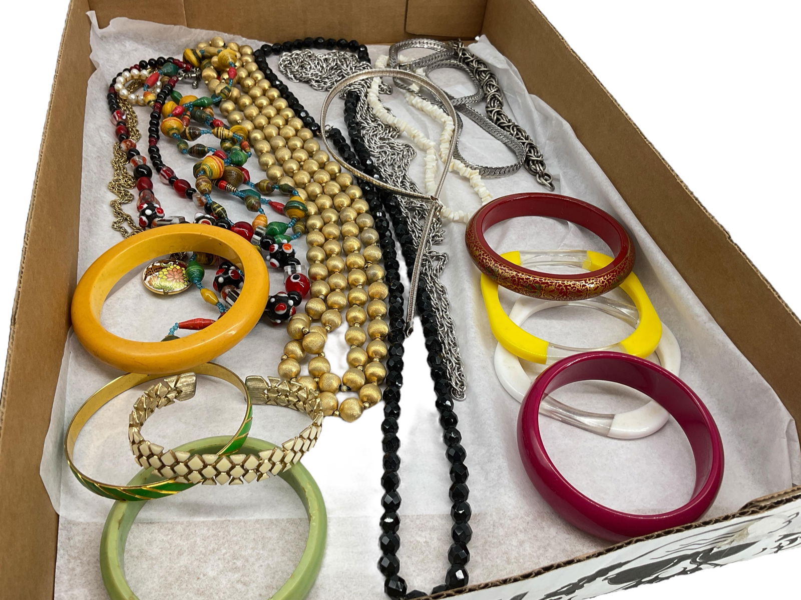 Multiple Necklaces Including CloisonnÈ, Sterling Omega Chain, Fashion Bracelets: Multiple Necklaces Including CloisonnÈ, Sterling Omega Chain, Fashion BraceletsMultiple necklaces include an extra-long gold-tone beaded necklace, a red and black glass beaded necklace, a gold-tone n