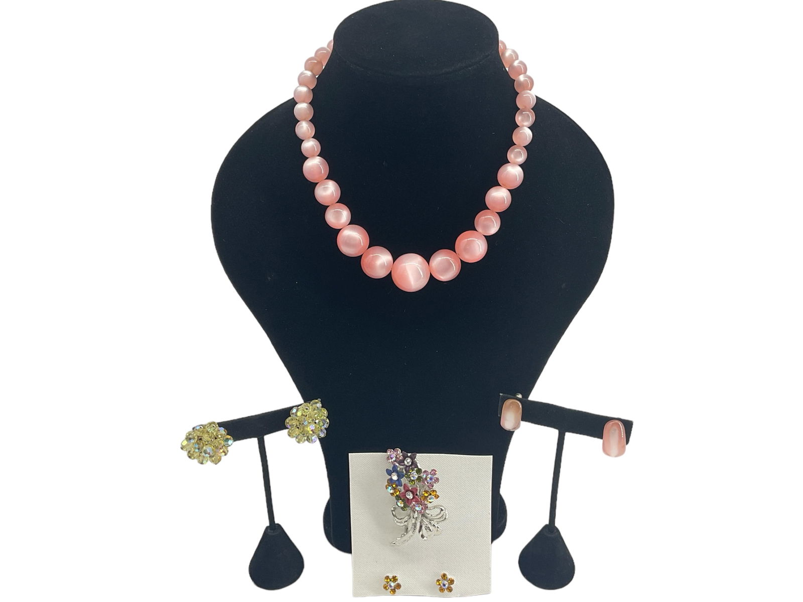 Very Pretty Multi-Color Crystal Bouquet Brooch & Earrings, Vintage Pink Chatoyant Bead Necklace & (1 of 8)