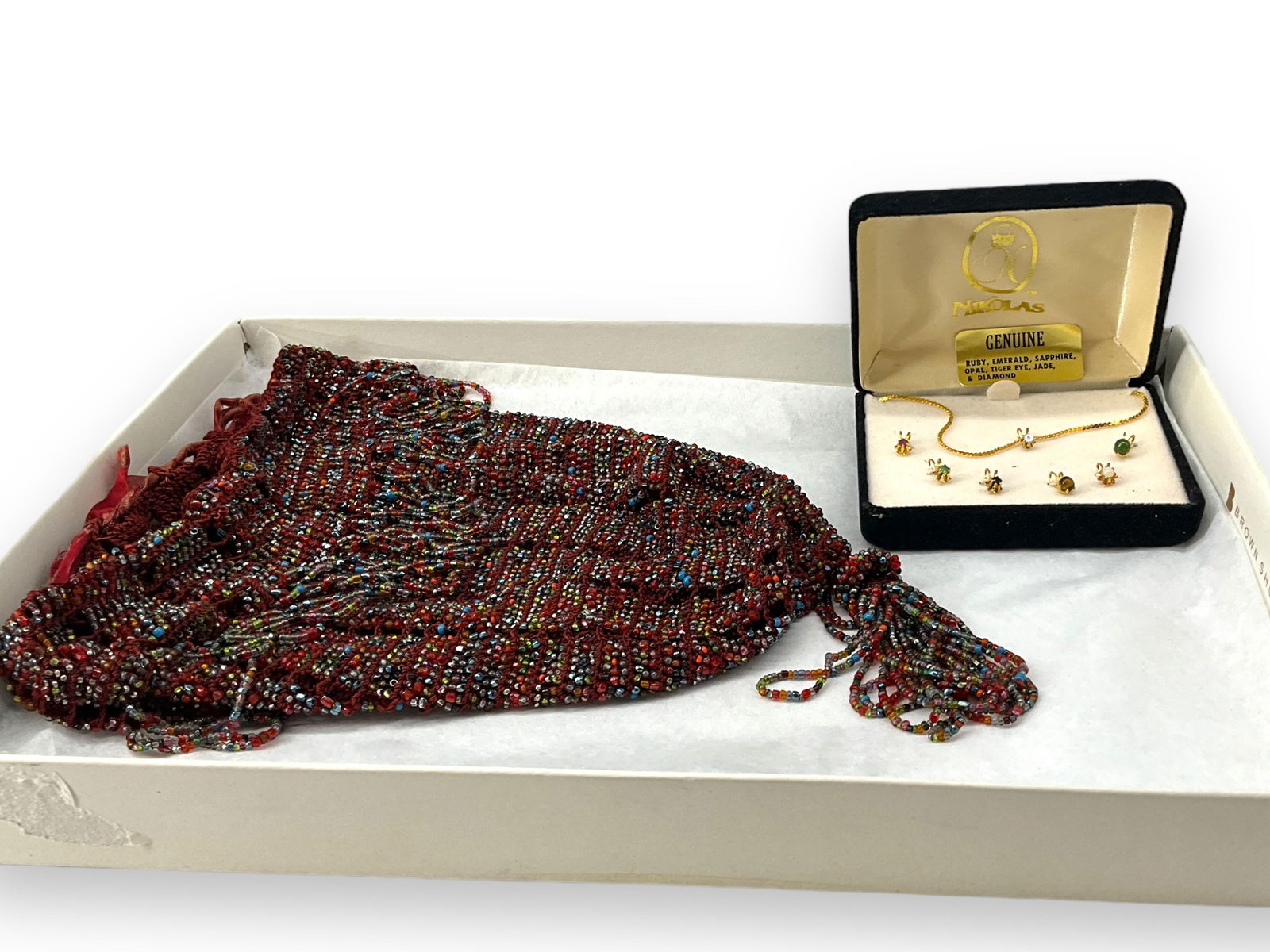 Vintage Knit Beaded Purse, Gold-Tone Semi-Precious Pendant Boxed Set (1 of 7)