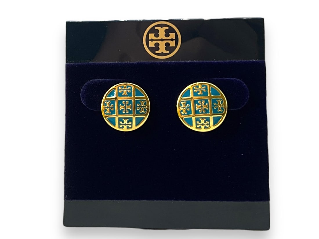 New Old Stock Tory Burch Earrings With Box & Travel Pouch: New Old Stock Tory Burch Earrings With Box & Travel PouchGold tone post back earrings measuring (16.2mm) in diameter with turquoise colored enamel inlay (color #433) with a beautiful gifting box, disp