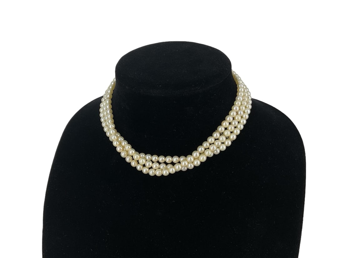 Vintage Tri- Strand Pearl Choker: Vintage Tri- Strand Pearl Choker Measuring (14.5") in length with cream pearls approx. (5.2mm) each with moderate luster and minimal blemishes, finishing with a vintage sterling silver box clasp closu