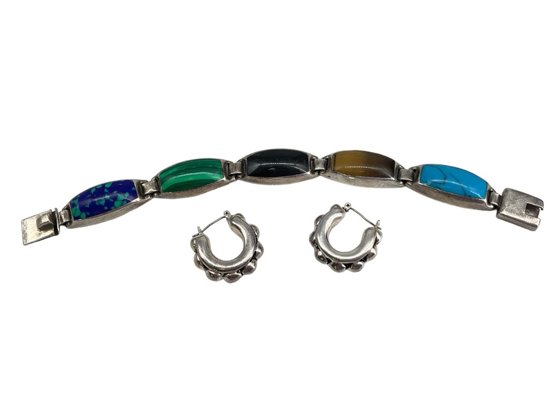 Multi-Color Mexican Silver Bracelet and Beaded Silver Hoop Earrings (1 of 8)