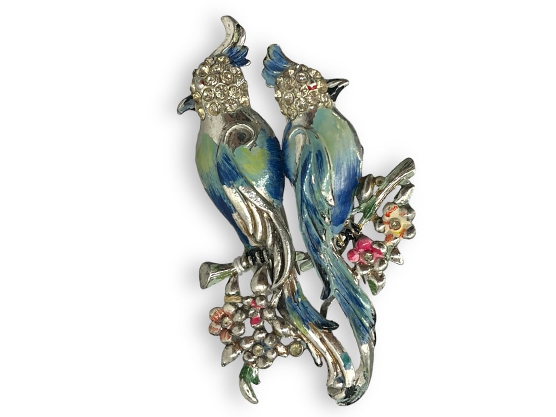Enameled Bird Brooch Stamped "Coro Duette": Enameled Bird Brooch Stamped "Coro Duette"Brooch is created in silver-tone metal, is hallmarked "Coro Duette" on the reverse and is designed as two birds facing away from each other in blue enamel (so