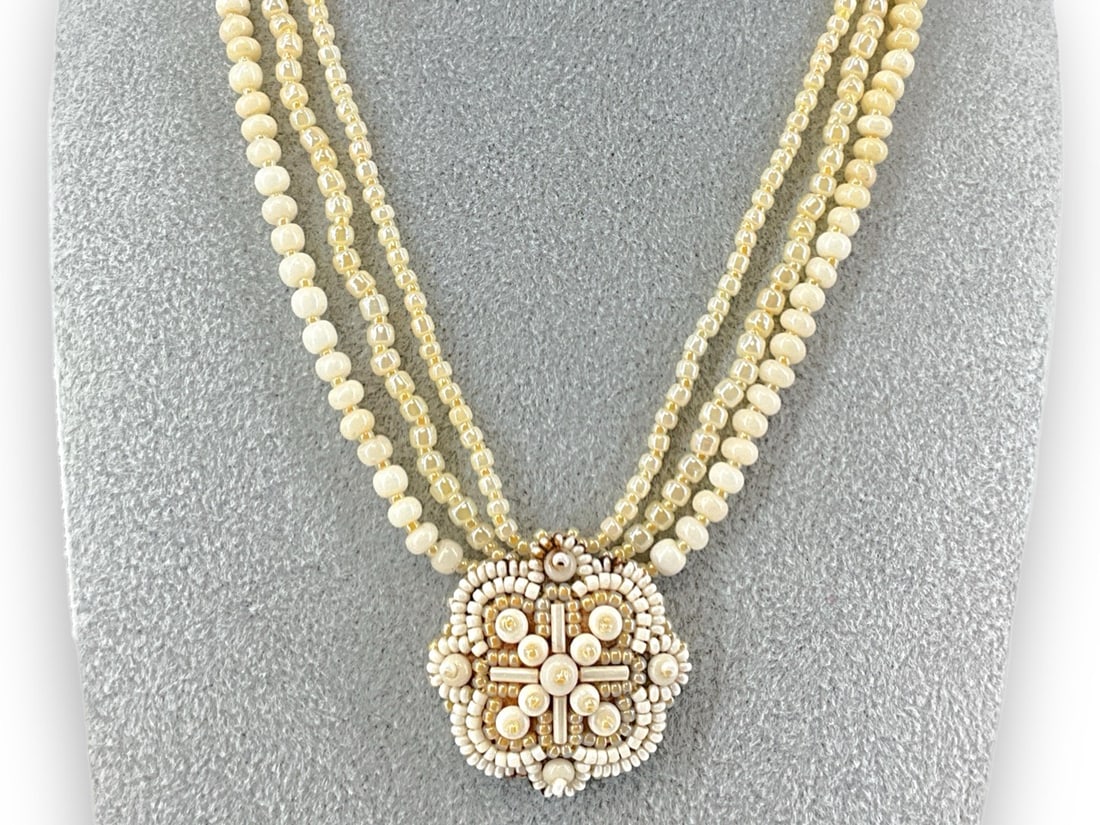 Hand Made Glass Beaded Necklace With Leather Pendant (1 of 5)