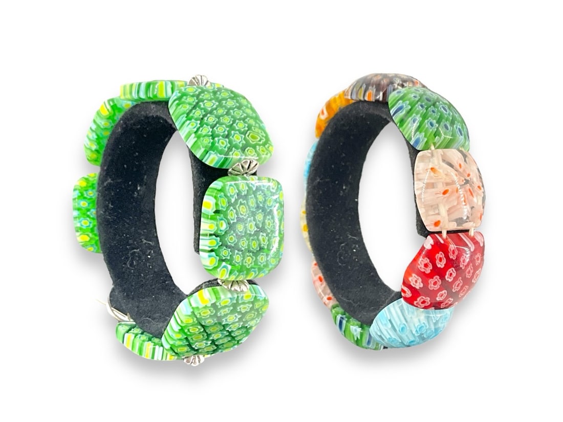 (2) Murano Glass Bracelets: (2) Murano Glass Bracelets One with stretch band measuring (20.8mm wide) and one measuring (7.75") in length with toggle clasp closure (22.1mm wide).