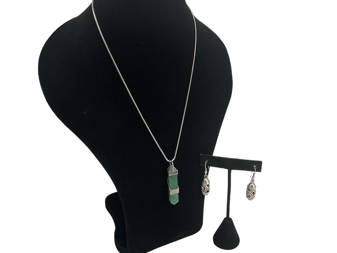 Decorative Silver Earrings, Silver Necklace w/Green Quartz: Decorative Silver Earrings, Silver Necklace w/Green Quartz Lovely earrings have shepherd hook tops, have an approx 1 3/4" drop, are bullet shaped with open metal work. Earrings weigh 9.6 grams. There 