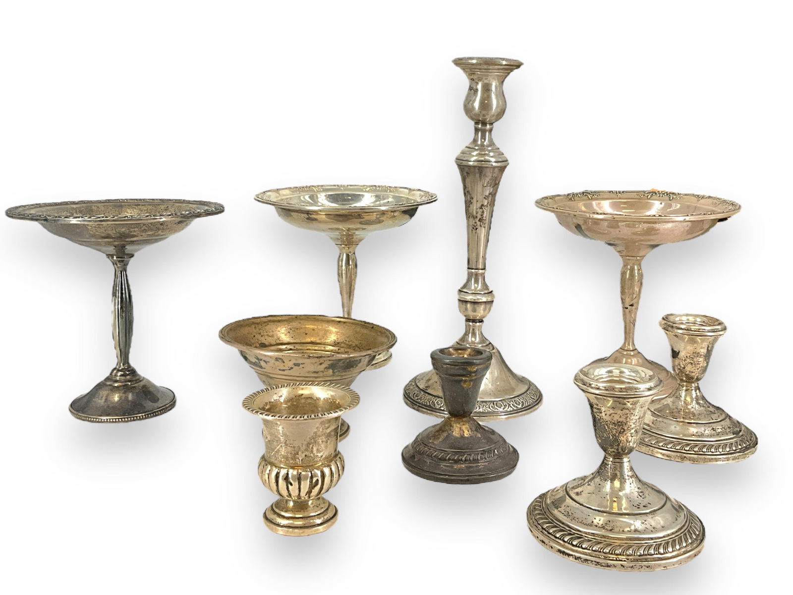 Sterling Silver (Weighted/Reinforced) Housewares and Serveware: Sterling Silver (Weighted/Reinforced) Housewares and ServewareEgg cup, tall candlestick, assortment of candy and nut dishes, a pair of matched smaller candlestick bases + an additional unmatched short