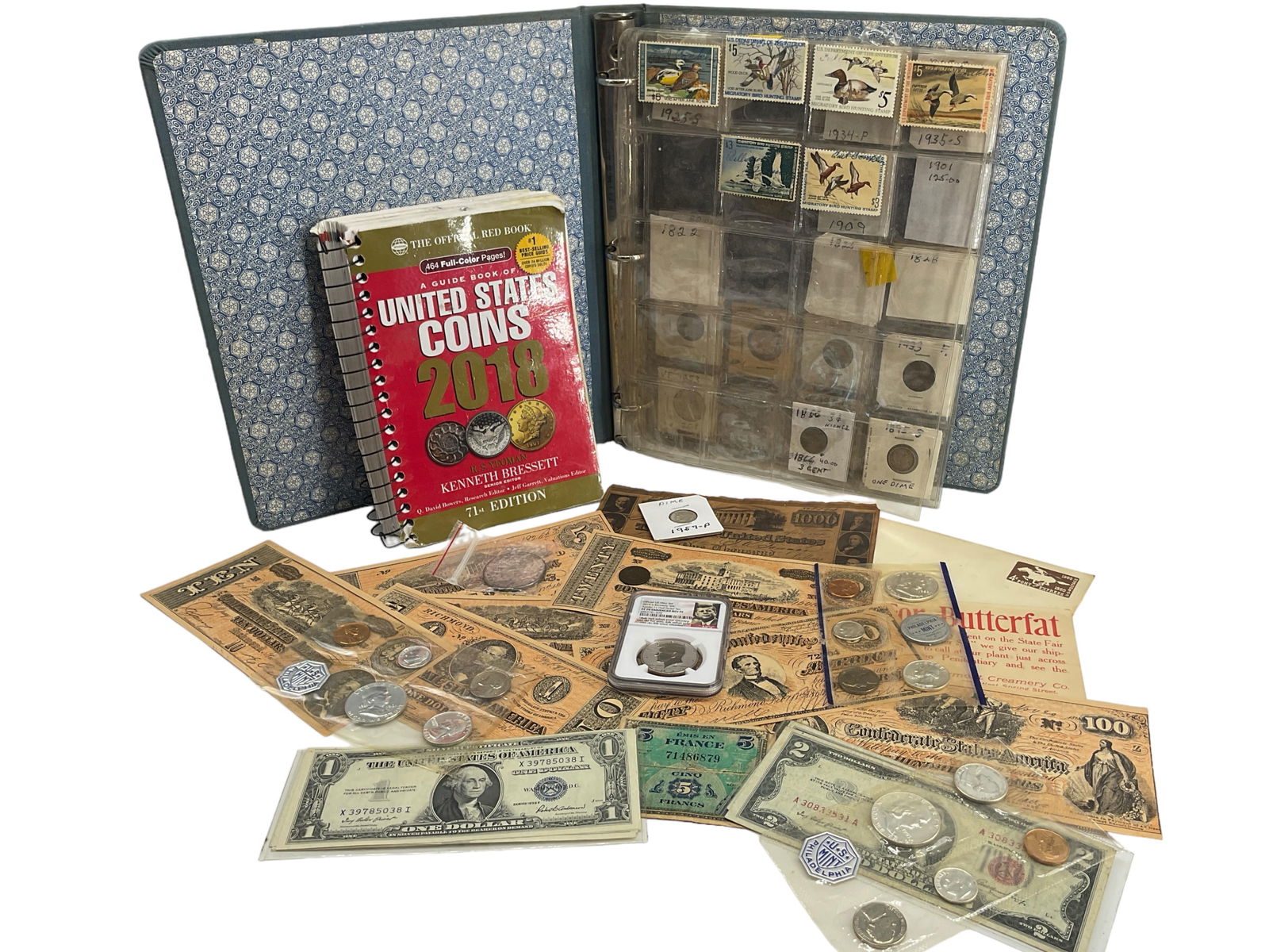 Coin Book, Coin Album with Coins, Bills including Reproductions, and More: Coin Book, Coin Album with Coins, Bills including Reproductions, and More2018 coin price guide, silver dime in holder, eight U.S. $1.00 silver certificates, reproduction CSA notes, 2 $2.00 red seal no