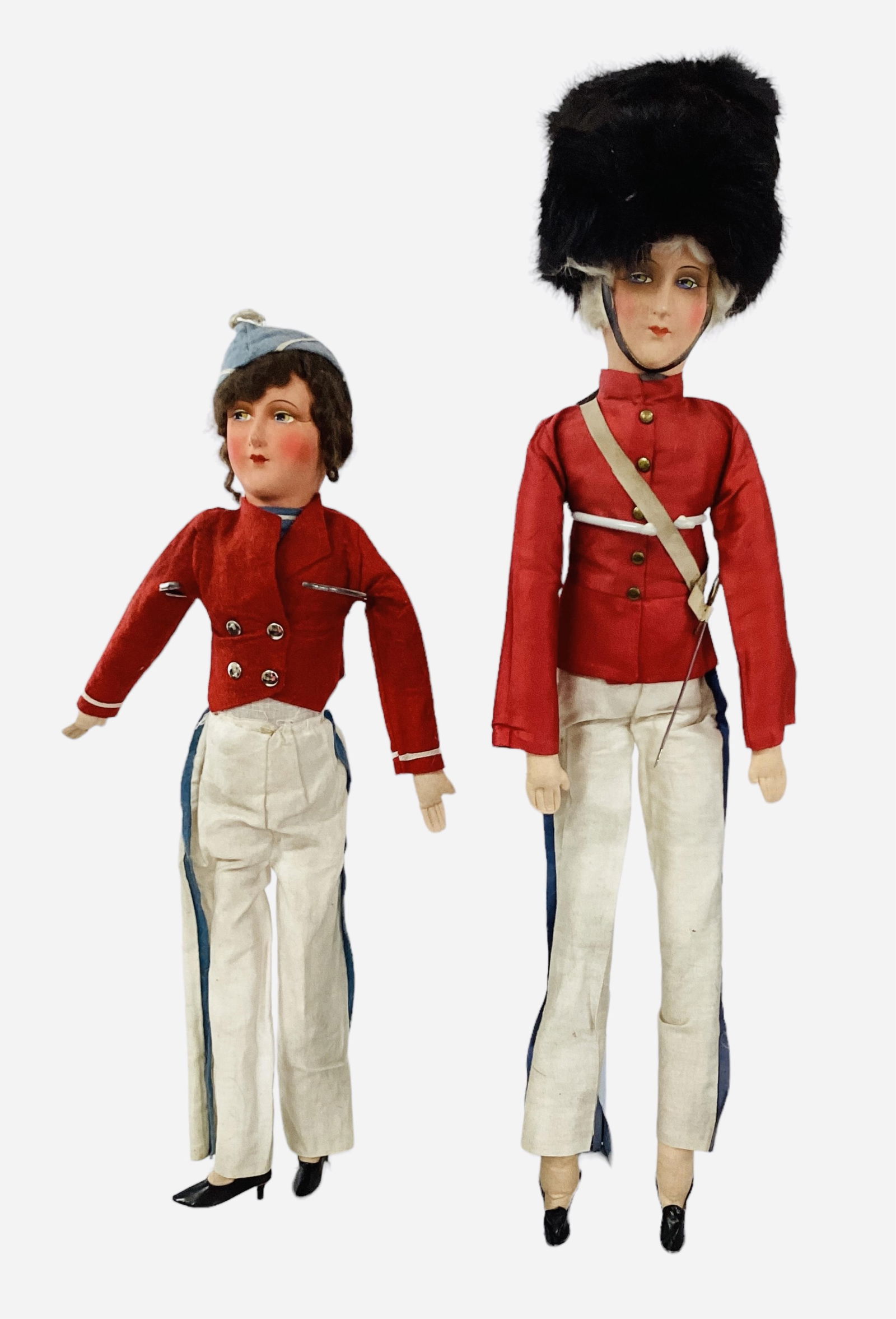 2 German Boudoir Dolls: 2 German Boudoir Dolls20" molded & painted papier mache head, marked DRGM with stuffed cloth body, stitched joints & fingers, mohair hair. Felt shirt with silver buttons, cloth with felt trim pants, f