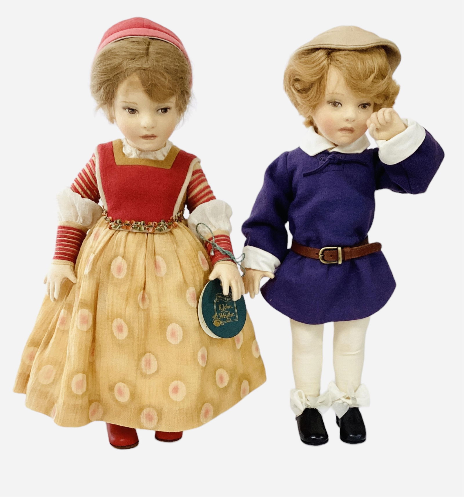 "Babes in the Wood" by R. John Wright.: "Babes in the Wood" by R. John Wright.From Poems of Childhood, 17" wool felt dolls with mohair wigs, molded and painted facial features, on five-piece bodies. Dolls are beautifully cost