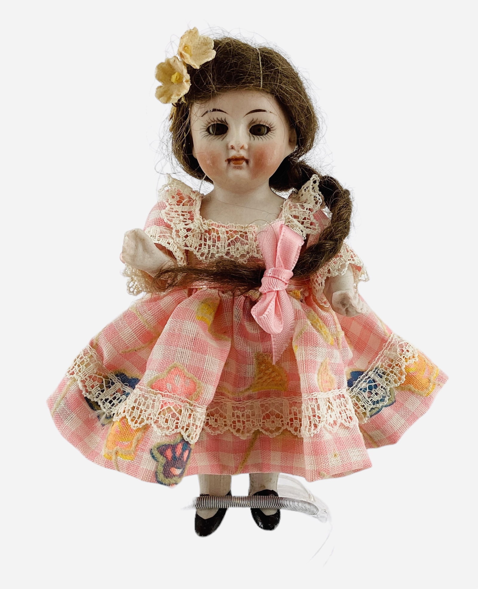 Kestner 208 All-Bisque Girl "Prize Baby".: Kestner 208 All-Bisque Girl "Prize Baby". 5 1/4" doll with mohair wig, glass sleep eyes, closed mouth, one-piece head/torso, string jointed arms and legs, molded and painted shoes and s