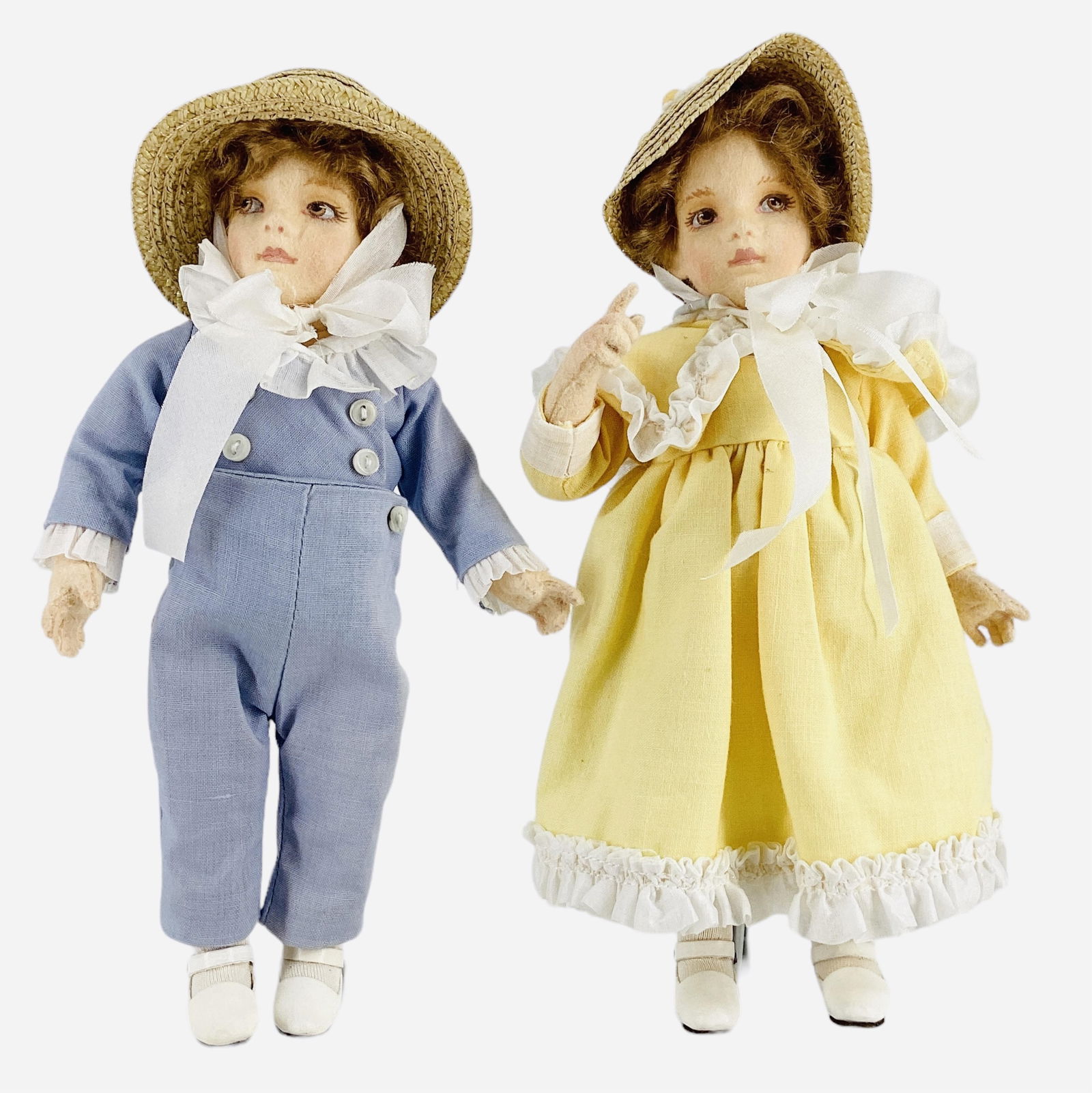 "Molly and Jack" by R. John Wright.: "Molly and Jack" by R. John Wright.From the Kate Greenaway Series, 8" wool felt dolls with mohair wigs, molded and painted facial features, on five-piece bodies. Molly and Jack come in