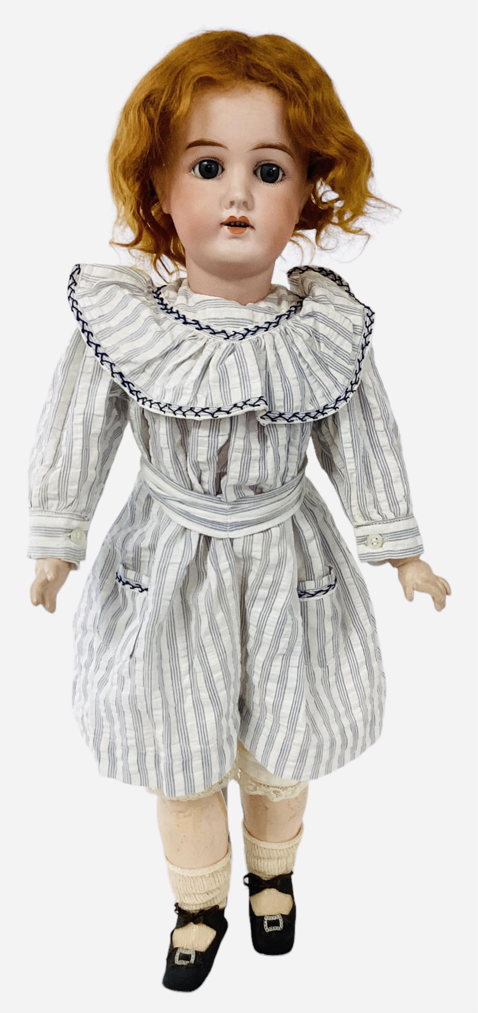 G&S 3 Germany (Gans & Seyfarth) bisque socket head girl.: G&S 3 Germany (Gans & Seyfarth) bisque socket head girl.23" doll with mohair wig, glass sleep eyes, molded brow, open mouth with teeth, on jointed composition body, redressed. Bisque is good with
