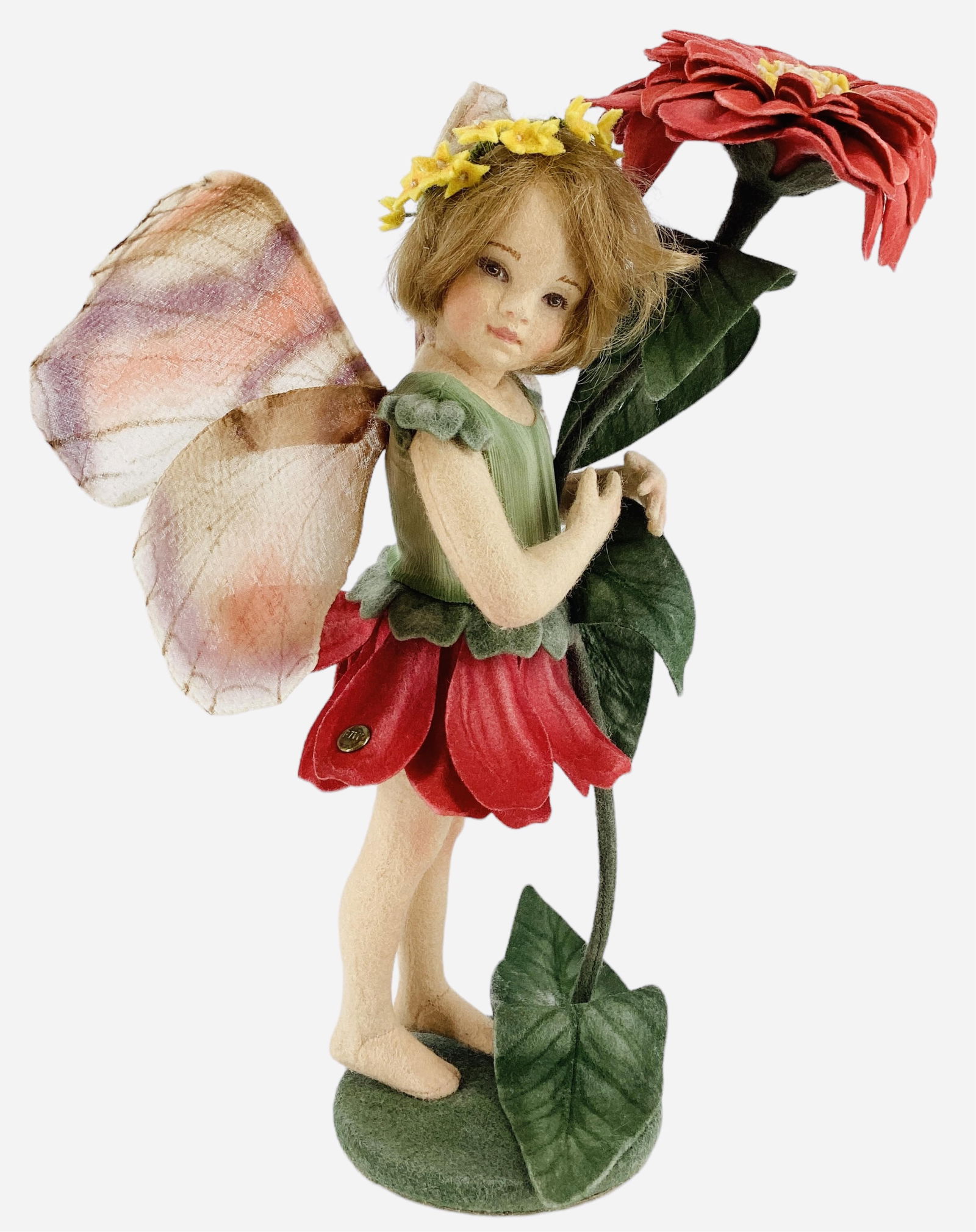 "The Zinnia Fairy" by R. John Wright.: "The Zinnia Fairy" by R. John Wright.From the Flower Fairies Series based on the drawings of Cecily Mary Barker, 11" overall wool felt doll with mohair wig, molded and painted facial fe