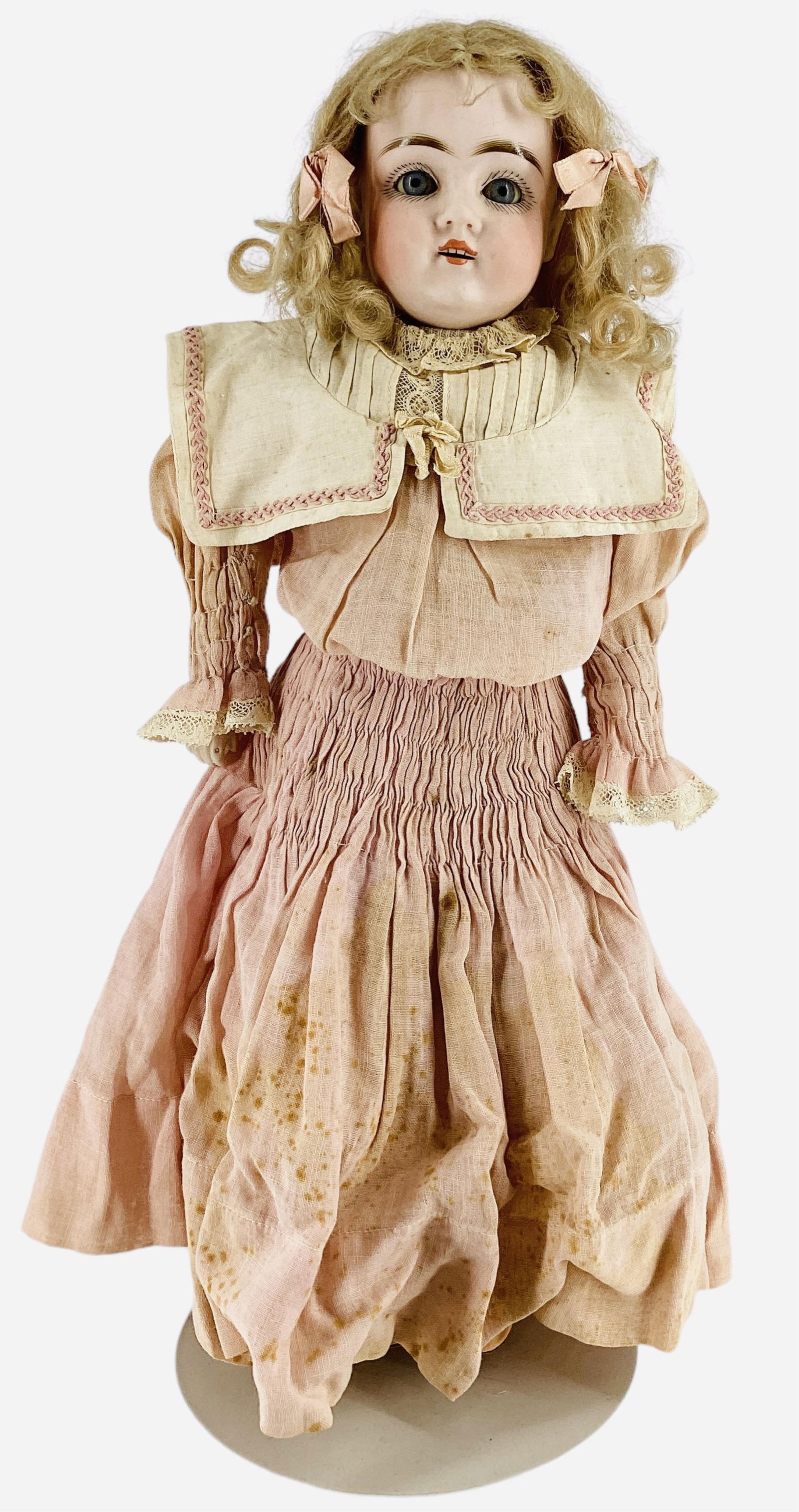 Early Kestner bisque shoulder head girl.: Early Kestner bisque shoulder head girl.15" doll with original mohair wig on intact plaster pate, glass sleep eyes, open mouth with square cut teeth, on gusseted kid body with bisque lower arms.