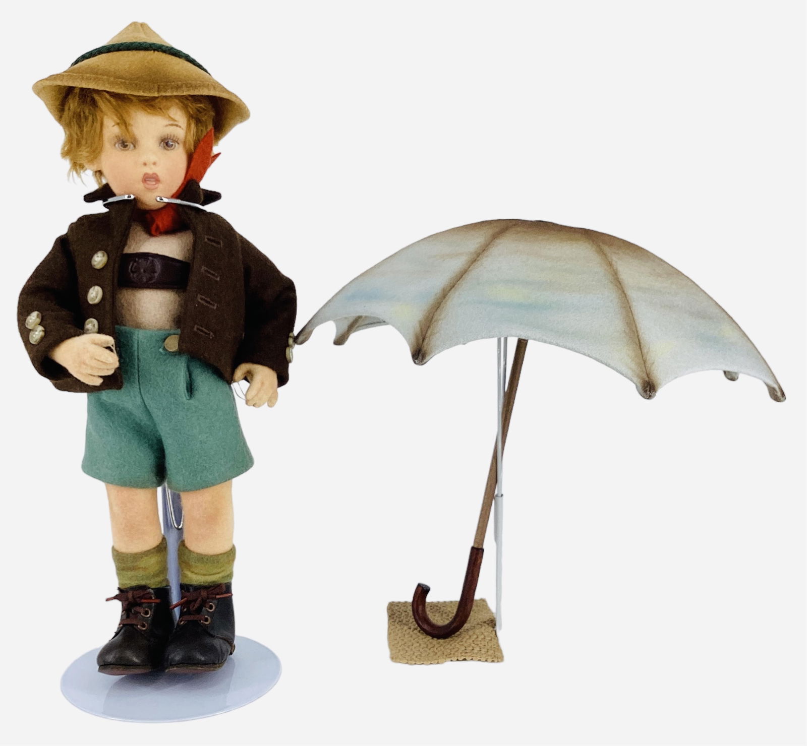 Raindrops on Roses "Friedrich" by R. John Wright.: Raindrops on Roses "Friedrich" by R. John Wright.12" wool felt doll with mohair wig, molded and painted facial features, on five-piece body. Friedrich comes in his original box with COA