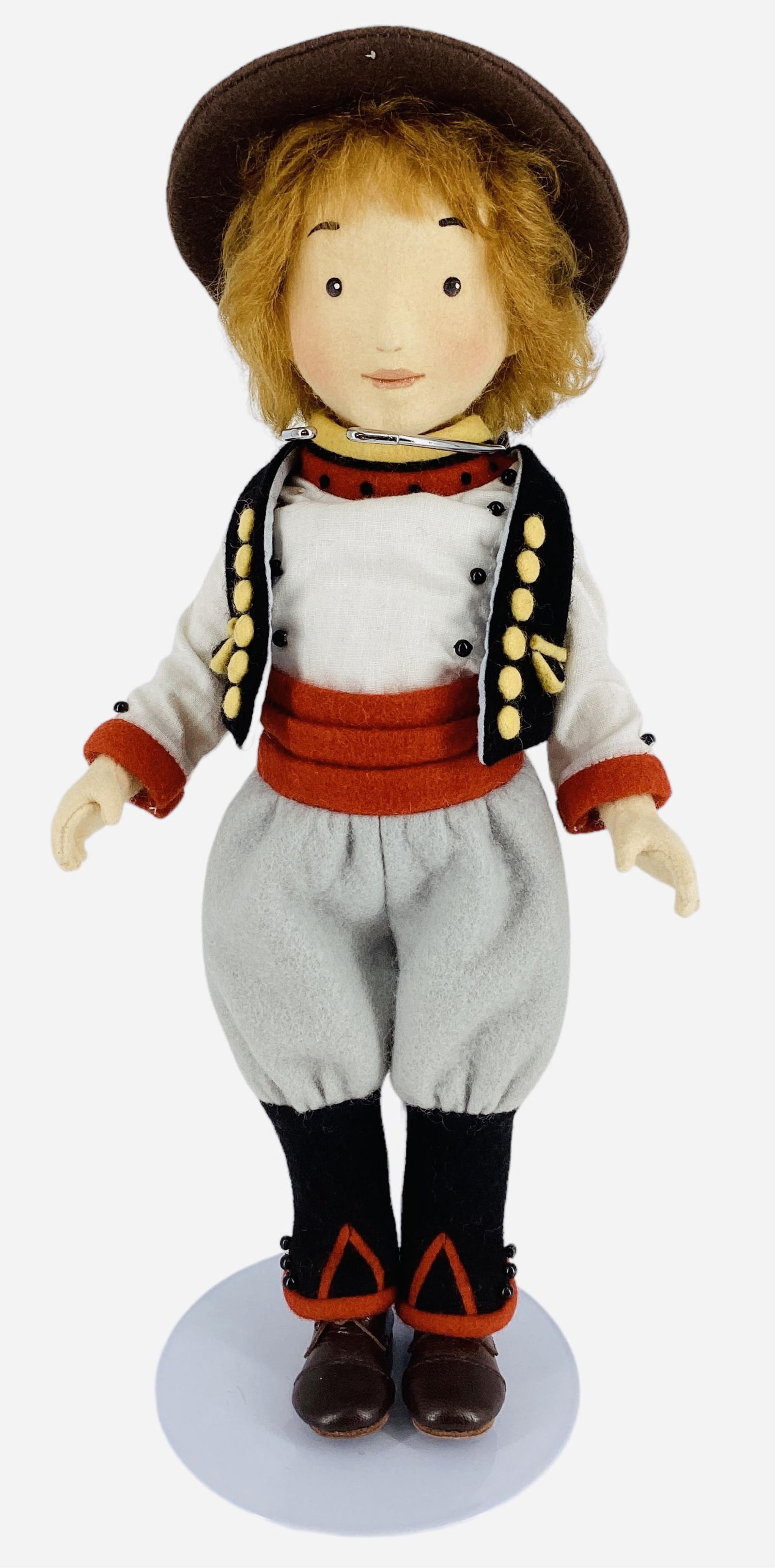 "Joel" by R. John Wright.: "Joel" by R. John Wright.12 1/2" wool felt doll with mohair wig, molded and painted facial features, on five-piece body. Companion to "BÈcassine" made for a United Federation