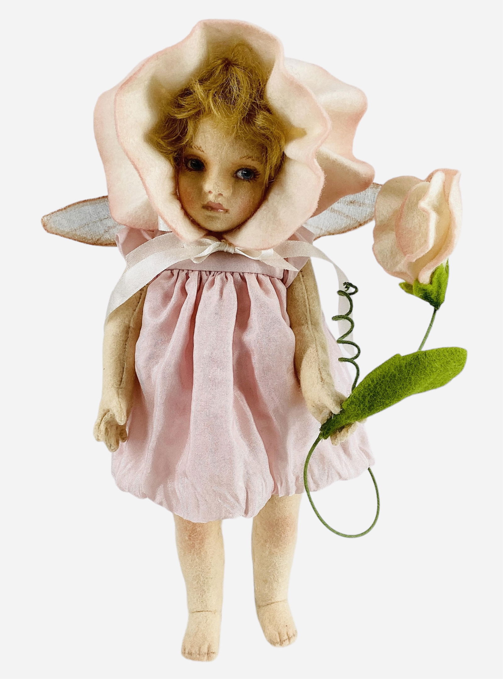 "The Sweet-Pea Baby" by R. John Wright.: "The Sweet-Pea Baby" by R. John Wright.From the Flower Fairies Series based on the drawings of Cicely Mary Barker, 8" all wool felt doll with mohair wig, molded and painted facial featu