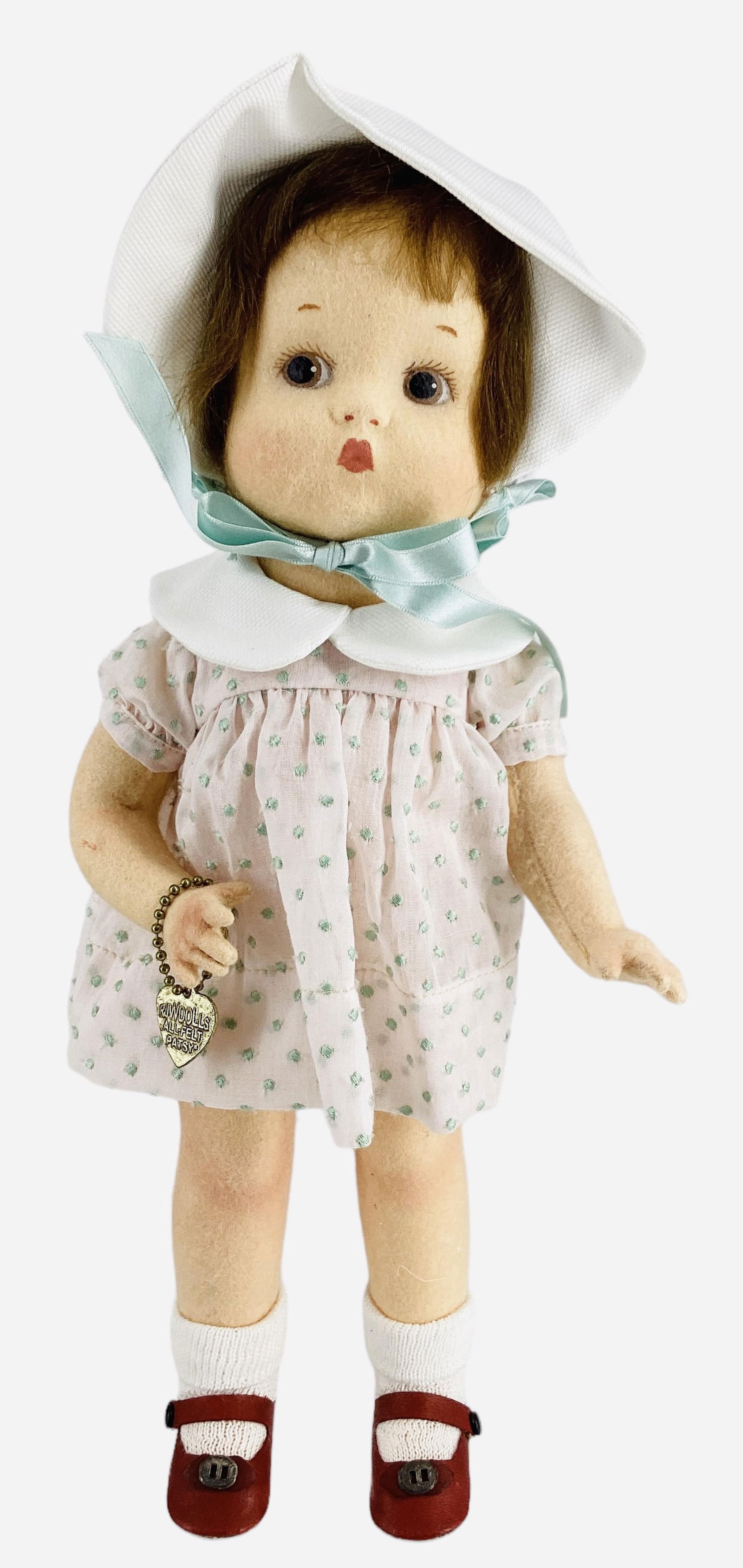 "Patsy" by R. John Wright.: "Patsy" by R. John Wright.12" all wool felt doll with mohair wig, molded and painted facial features, on five-piece body. Patsy comes in her original box with COA and heart shaped Patsy