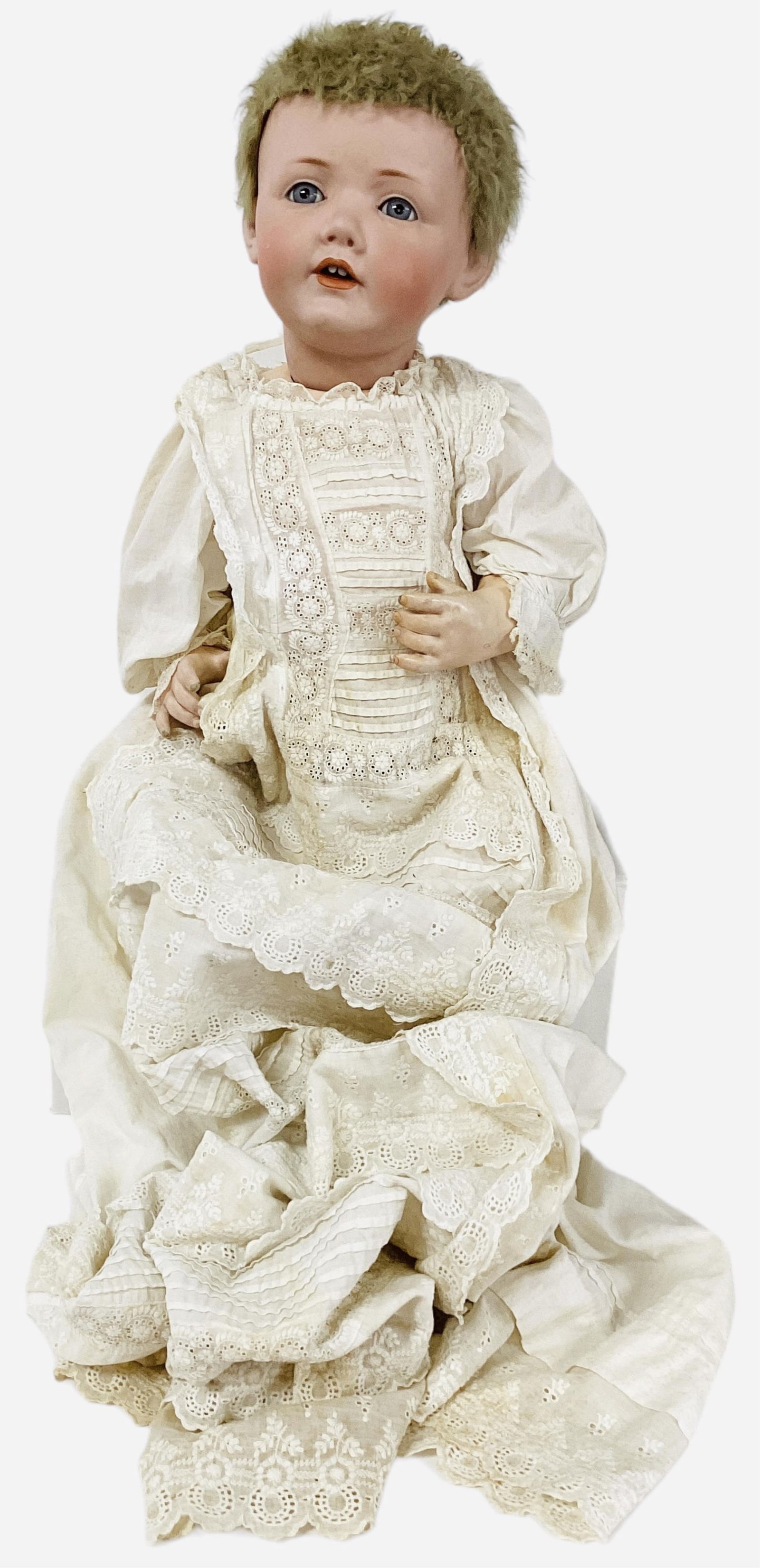 Kestner 237 Baby Hilda Bisque Socket Head on Composition Body: Kestner 237 Baby Hilda Bisque Socket Head on Composition Body24" closed dome, short hair glued on wig, doll marked: Made in Germany on head, GES Gesch N1070 on lower neck. Did have pencil rubbed over