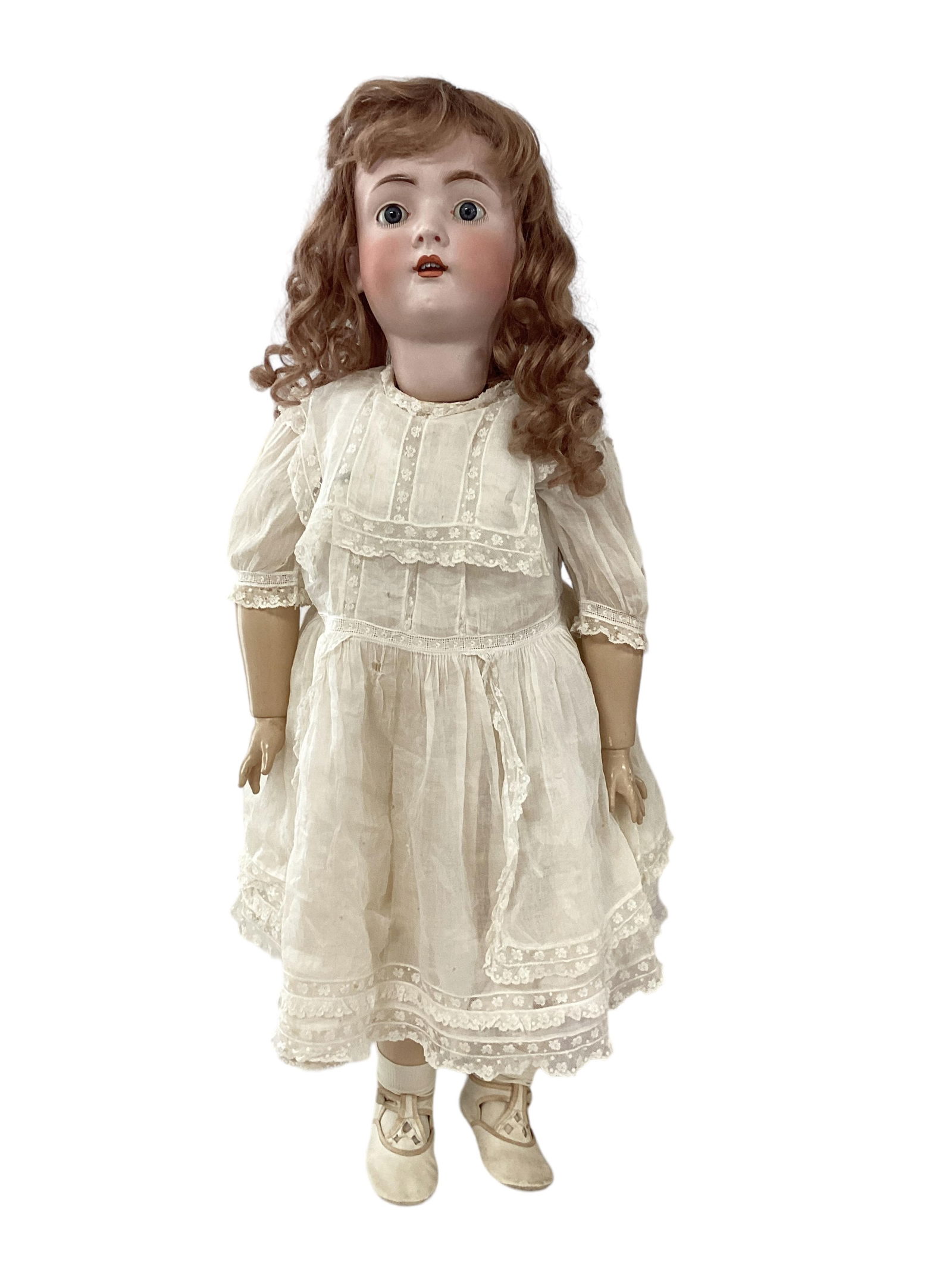 Hertel Schwab & Co. Bisque Socket Head Doll: Hertel Schwab & Co. Bisque Socket Head Doll31" with replaced human hair wig, some wig pulls at top right front. Eyes have been redone, small hairline crack back left side & at lower left seam from fac
