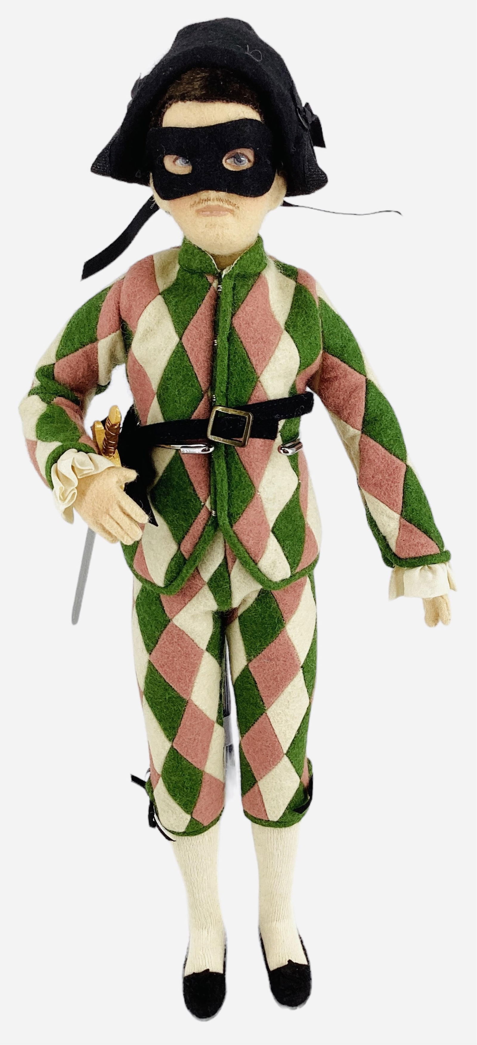 "Harlequin" by R. John Wright.: "Harlequin" by R. John Wright.14 1/2" wool felt doll with mohair wig, molded and painted facial features, five-piece body. Harlequin comes in his original box with COA, Limited Edition