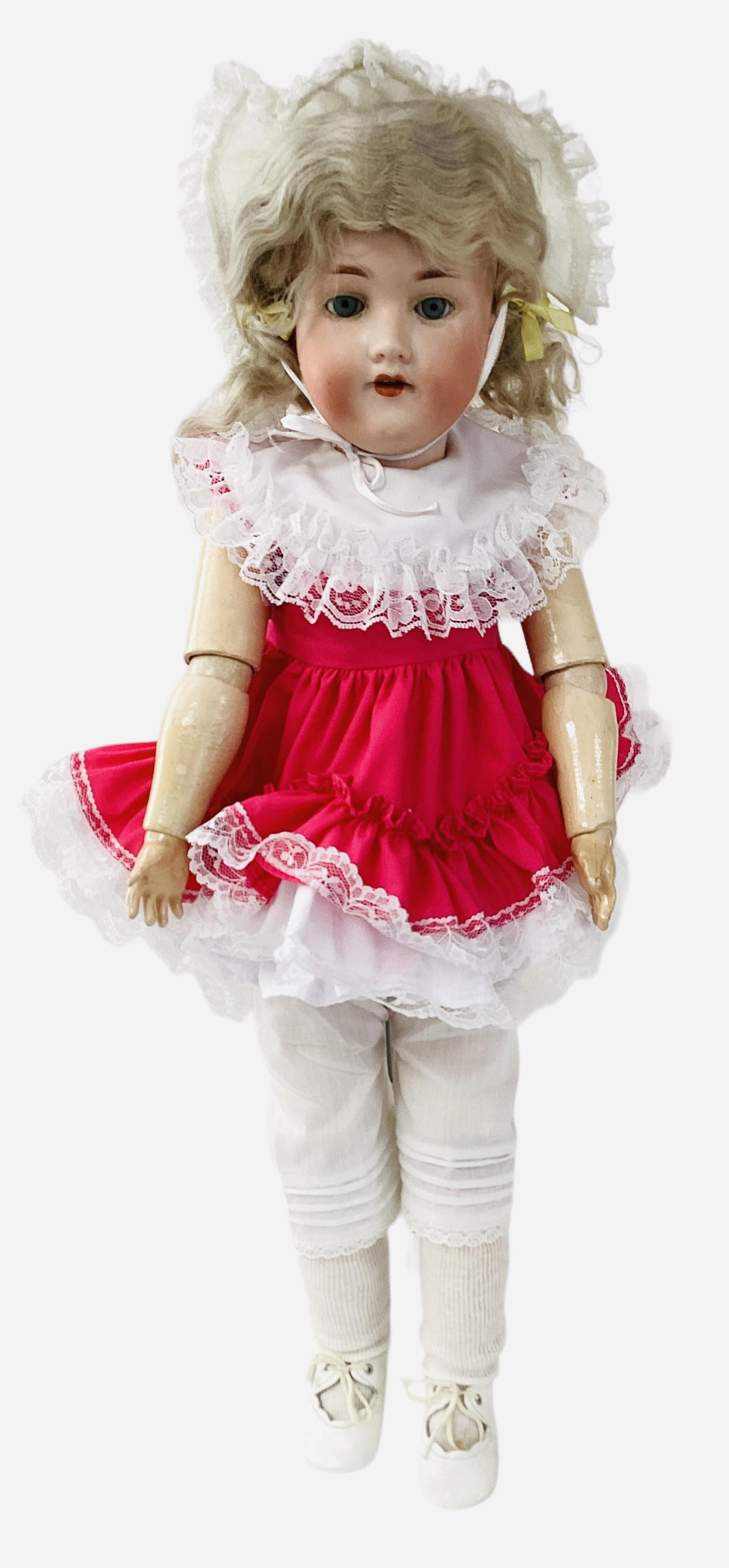 Armand Marseille 390 Bisque Head Doll: Armand Marseille 390 Bisque Head Doll23" on socket jointed composition body. Bisque has no cracks, but does have considerable glue residue around eyes, top part of head, rim. With open mouth, 4 top te