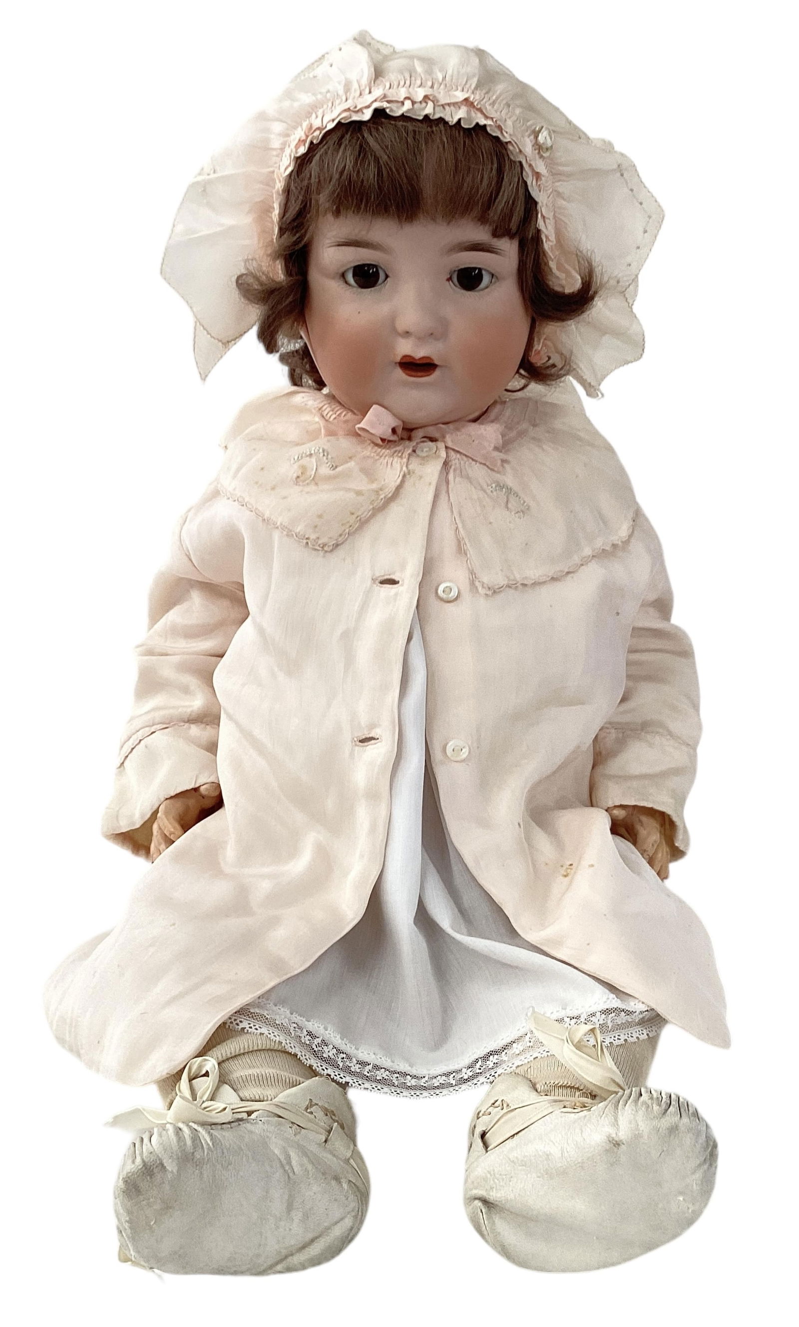 Armand Marseille 990 Bisque Socket Head Baby Doll: Armand Marseille 990 Bisque Socket Head Baby Doll27" with composition body, sleep eyes, 2 top teeth, painted brows & lashes. Bisque has no cracks or chips seen or felt, there is one speck on top right