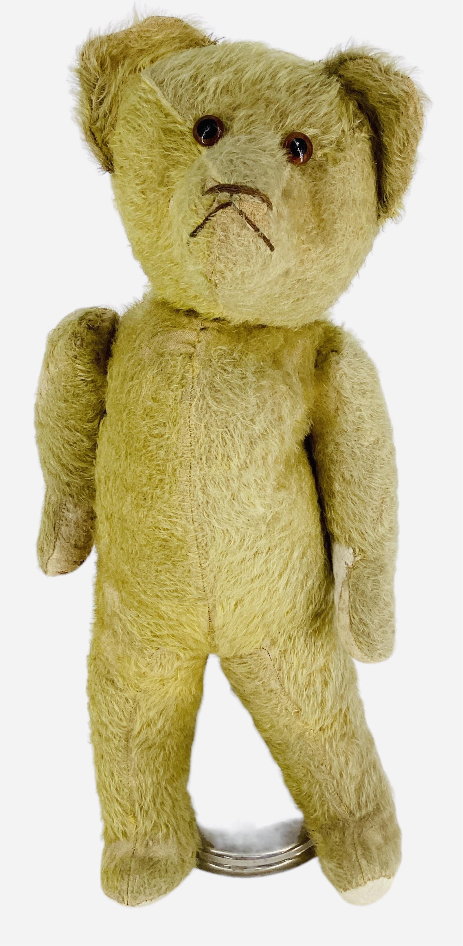 24" Vintage Teddy Bear: 24" Vintage Teddy Bear Mohair with felt wool pads, stitched nose & mouth. Jointed head, arms. Legs stationary, button eyes, applied ears. Paws & feet show age, repairs attempted or need to be done. Mo