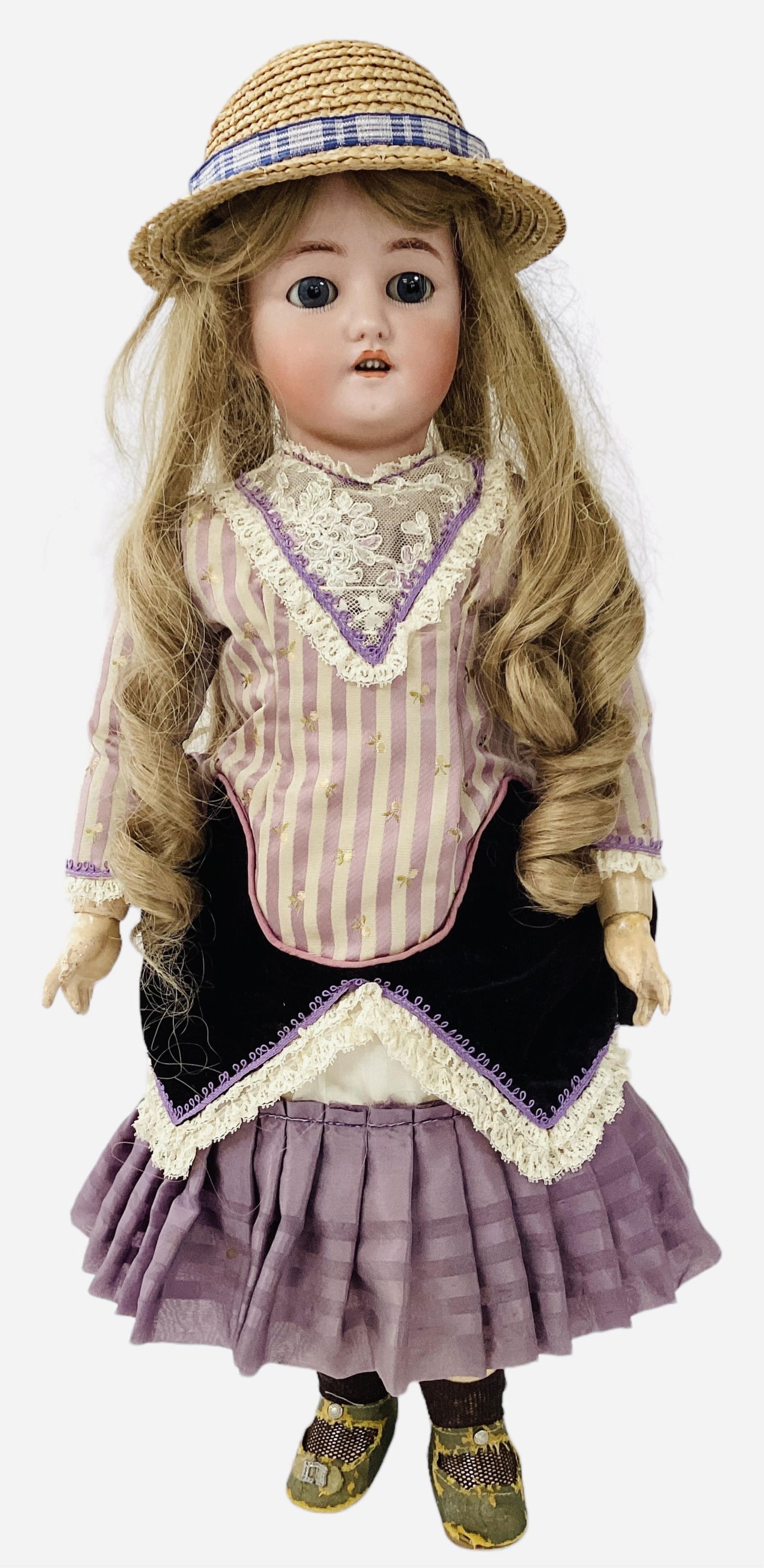 C.M. Bergmann Simon & Halbig bisque socket head girl.: C.M. Bergmann Simon & Halbig bisque socket head girl.21" doll with replaced synthetic wig, glass sleep eyes, pierced ears, open mouth with teeth, on jointed composition body, wears reproduction F