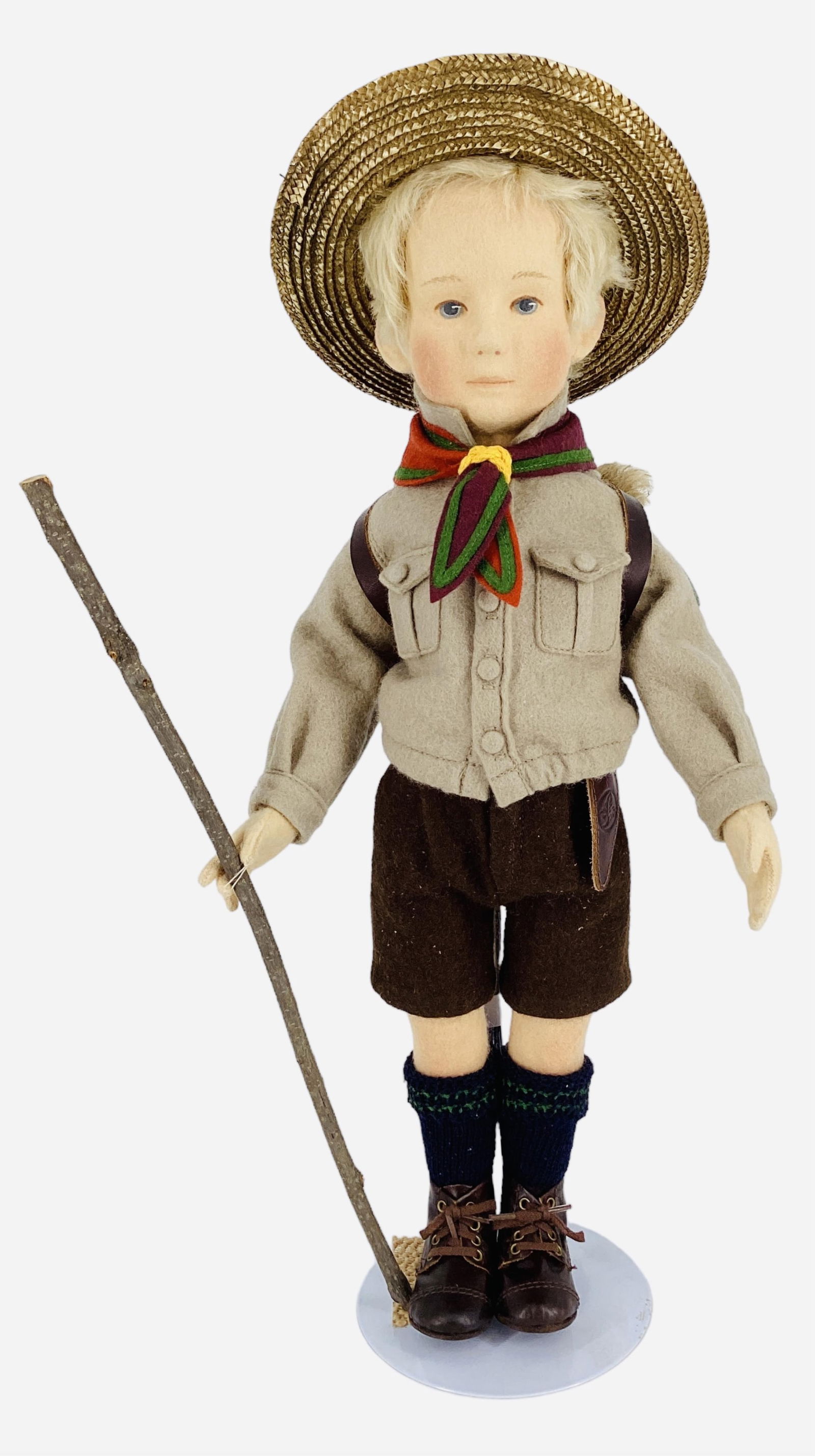 "Bear Lodge - Theo" by R. John Wright.: "Bear Lodge - Theo" by R. John Wright.15" wool felt doll with mohair wig, molded and painted ears and facial features, on five-piece body. Theo is costumed in full scouting outfit with