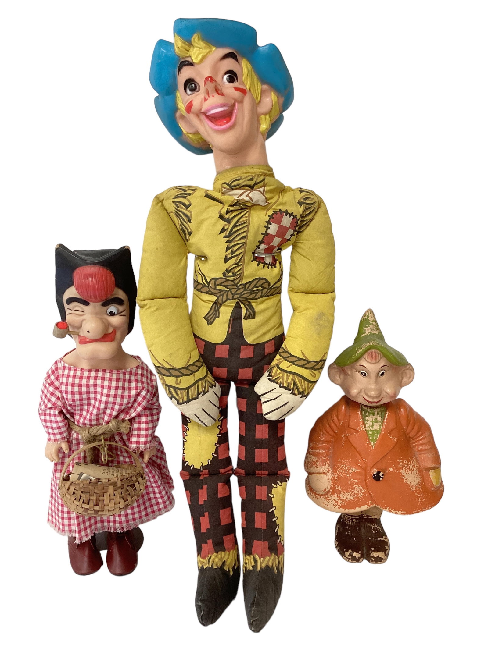 3 Vintage Comic Character Dolls: 3 Vintage Comic Character Dolls 11" Denny Dimwit from Winnie Winkle comic, paper Mache, a swing & sway nodder. His body swings from side to side & his head does too. From late 1940's, his paint does s