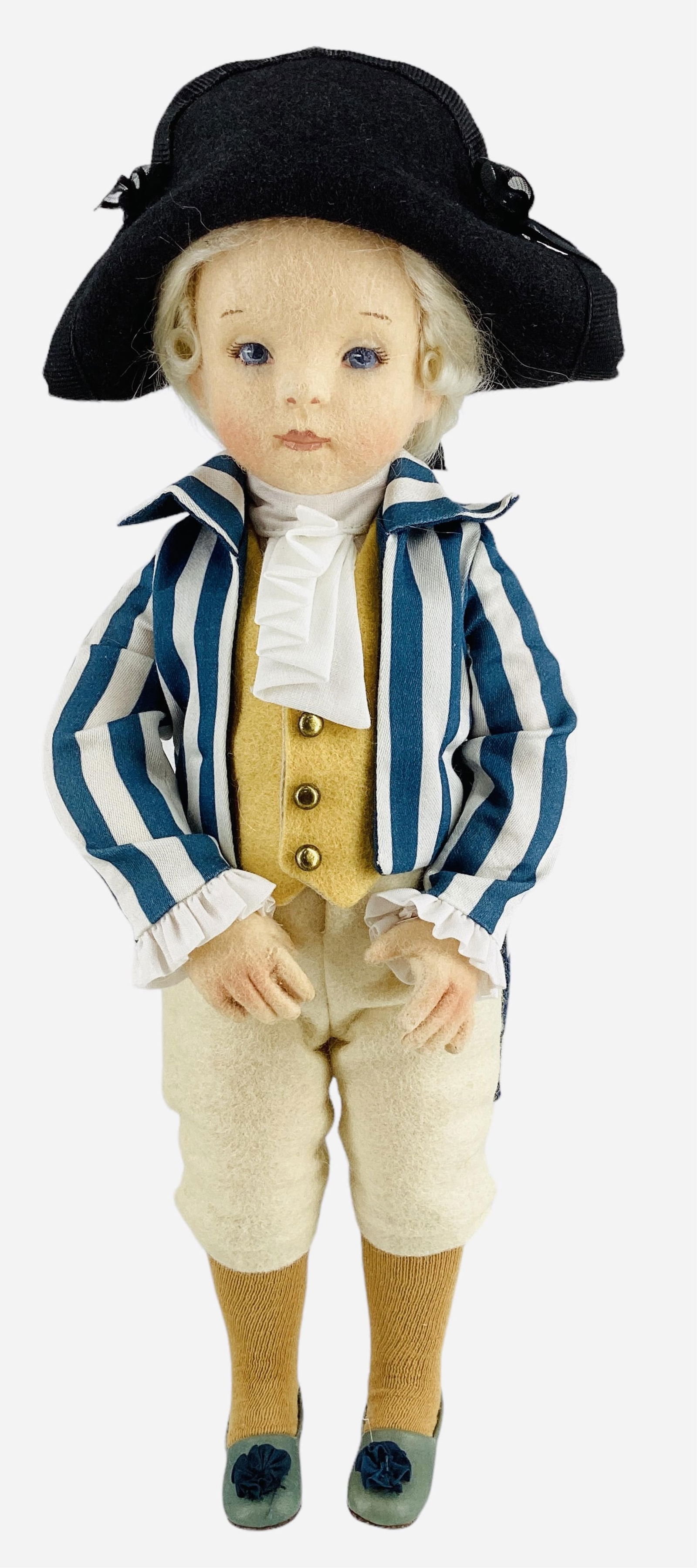 Washington Waltz "George" by R. John Wright.: Washington Waltz "George" by R. John Wright.11 1/2" all wool felt doll with mohair wig, molded and painted facial features, on five-piece body. George comes in his original box with COA