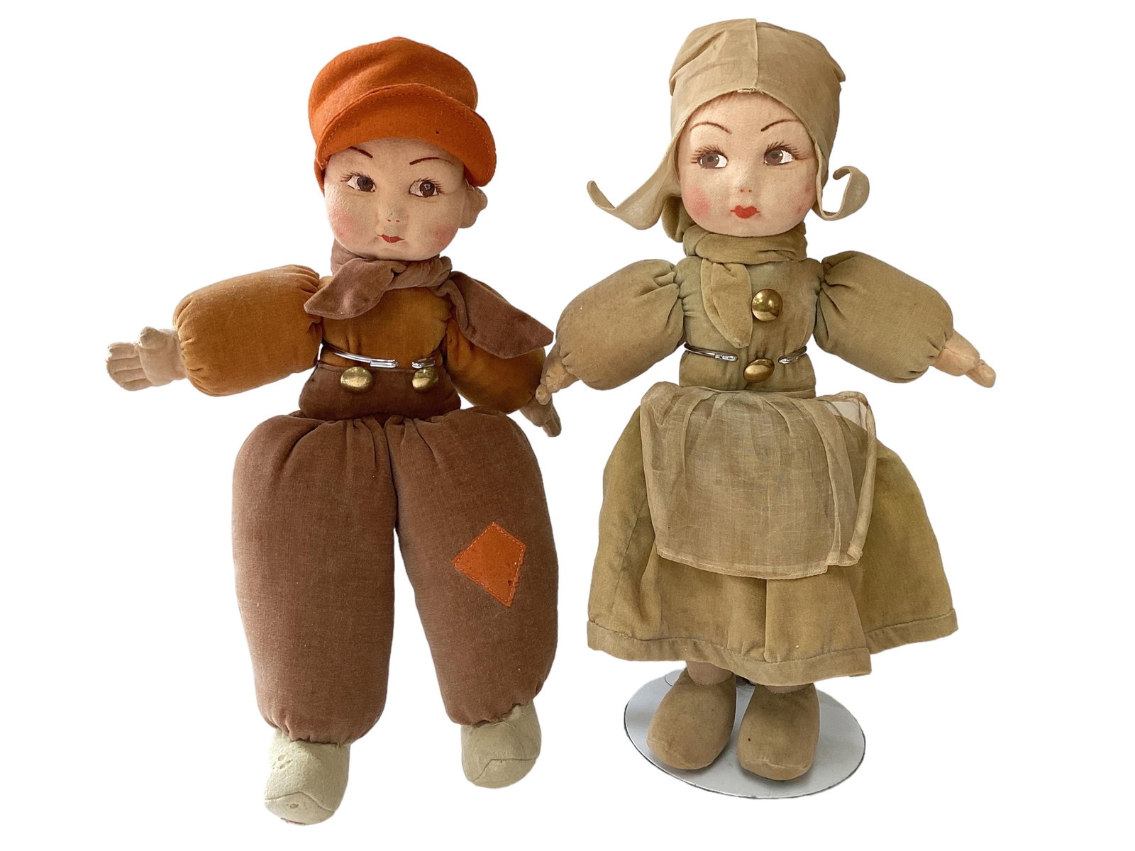 Norah Wellings Dutch Girl & Boy: Norah Wellings Dutch Girl & Boy Both 13" tall, tagged on bottom of foot. Molded & painted cloth faces & hair, original clothes, cloth bodies. His shoes are felt wool, with a few moth holes, small hole