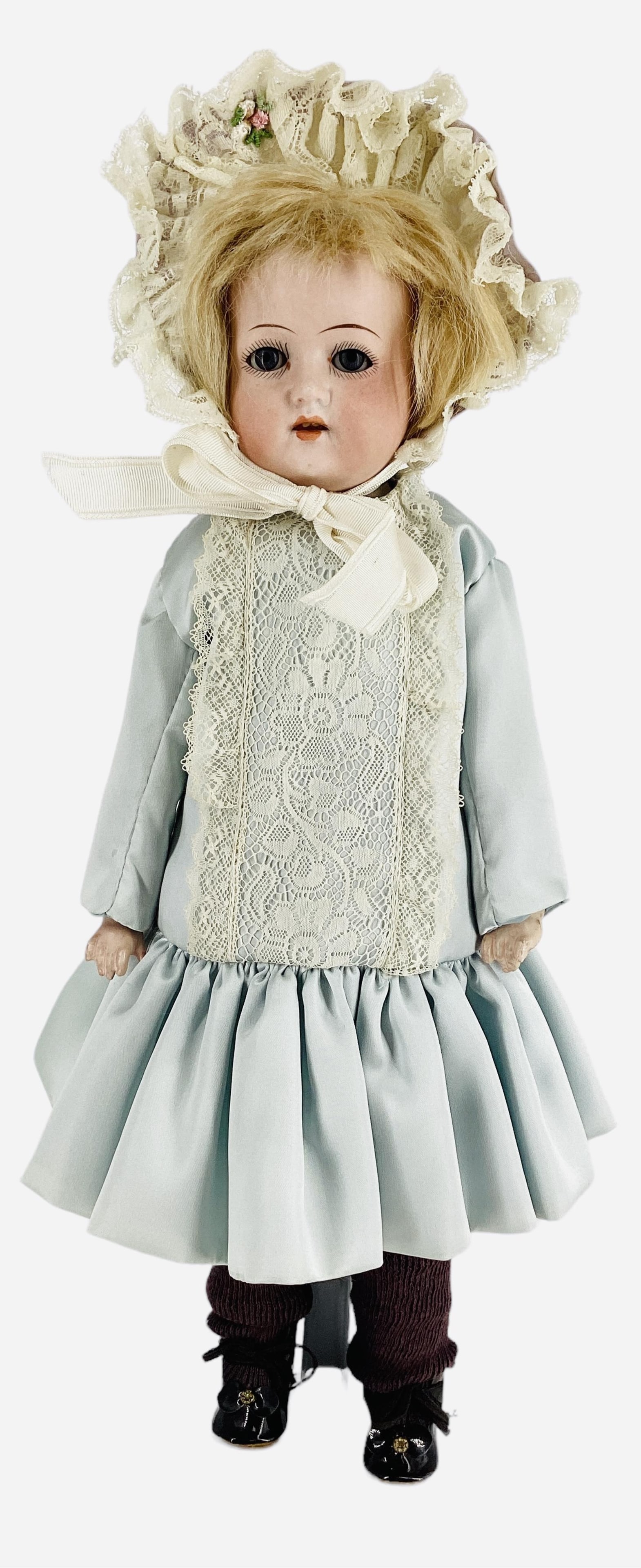 Germany bisque shoulder head girl marked 275.8.: Germany bisque shoulder head girl marked 275.8.15 1/2" doll with mohair wig, glass sleep eyes, open mouth with teeth, on rivet jointed kid body with composition lower arms, redressed. Bisque is g