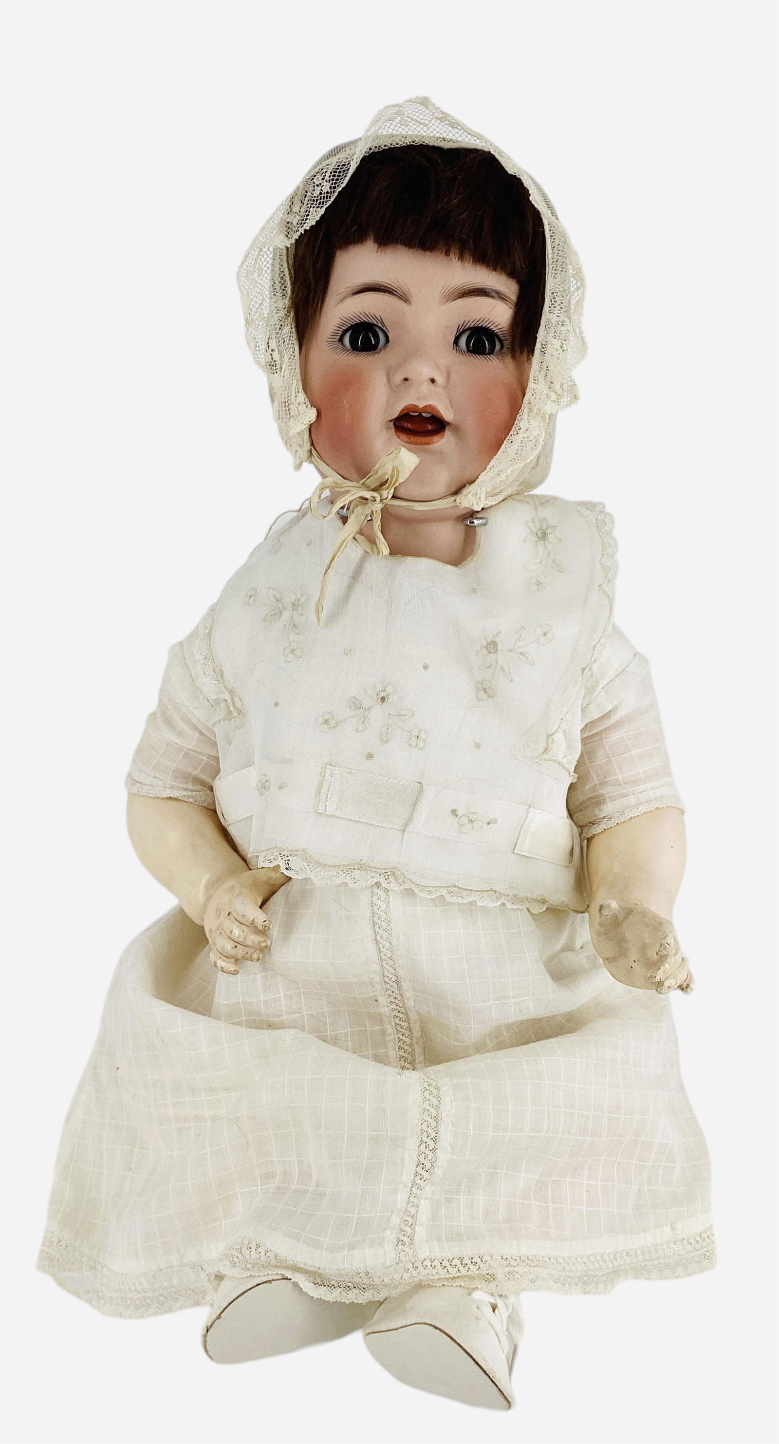 K&R Simon & Halbig 126 bisque socket head character baby.: K&R Simon & Halbig 126 bisque socket head character baby.18" doll with mohair wig, glass sleep eyes, open mouth with teeth, five-piece composition bent limb baby body. Bisque is good with no dama