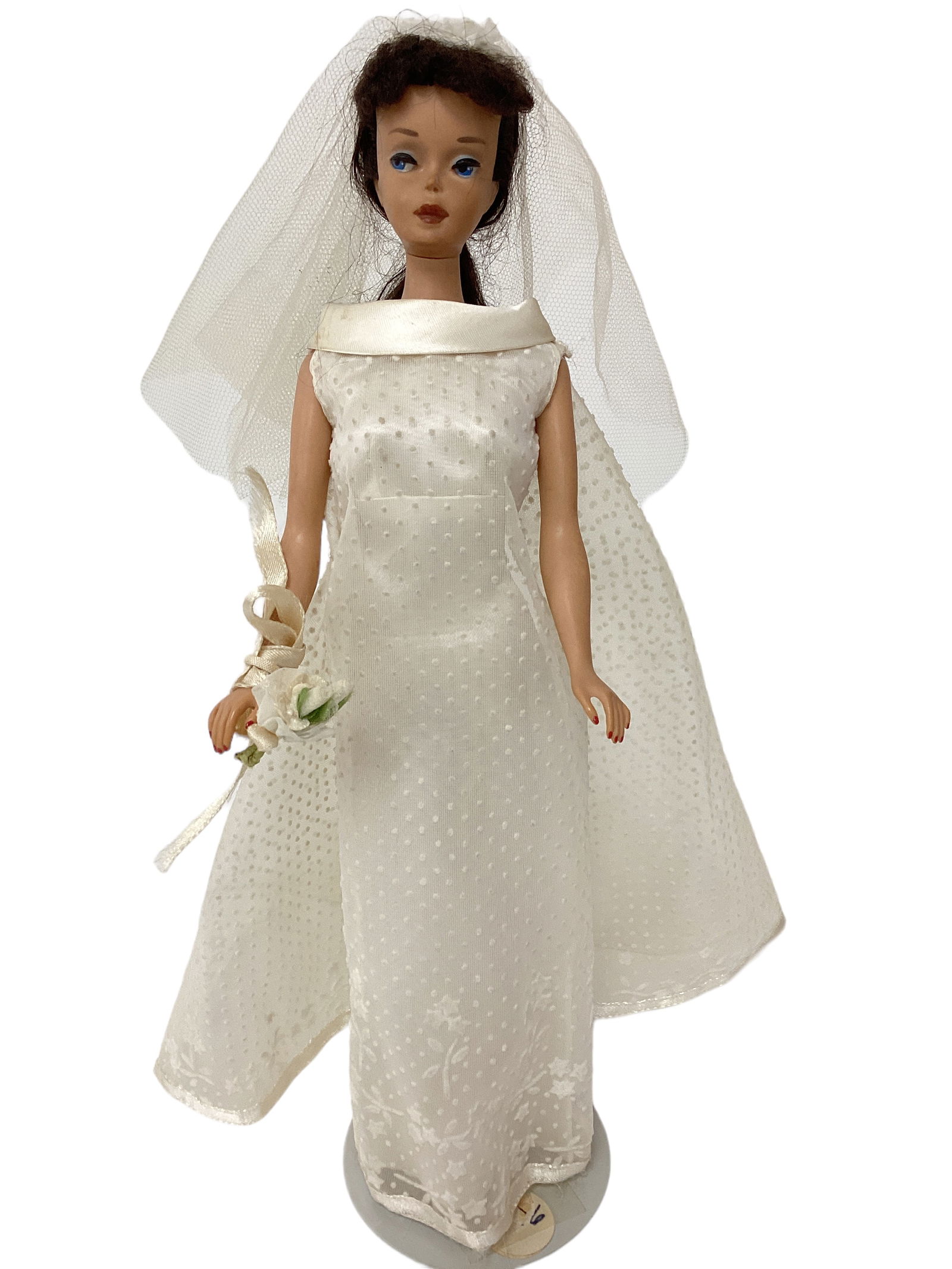 # 6/7 Ponytail Barbie Wearing Wedding Wonder: # 6/7 Ponytail Barbie Wearing Wedding WonderBeautiful brunette Ponytail Barbie. Her hair has been brushed out except for her top curls, no neck splits, no green ear, fingernails and toes polished, ver