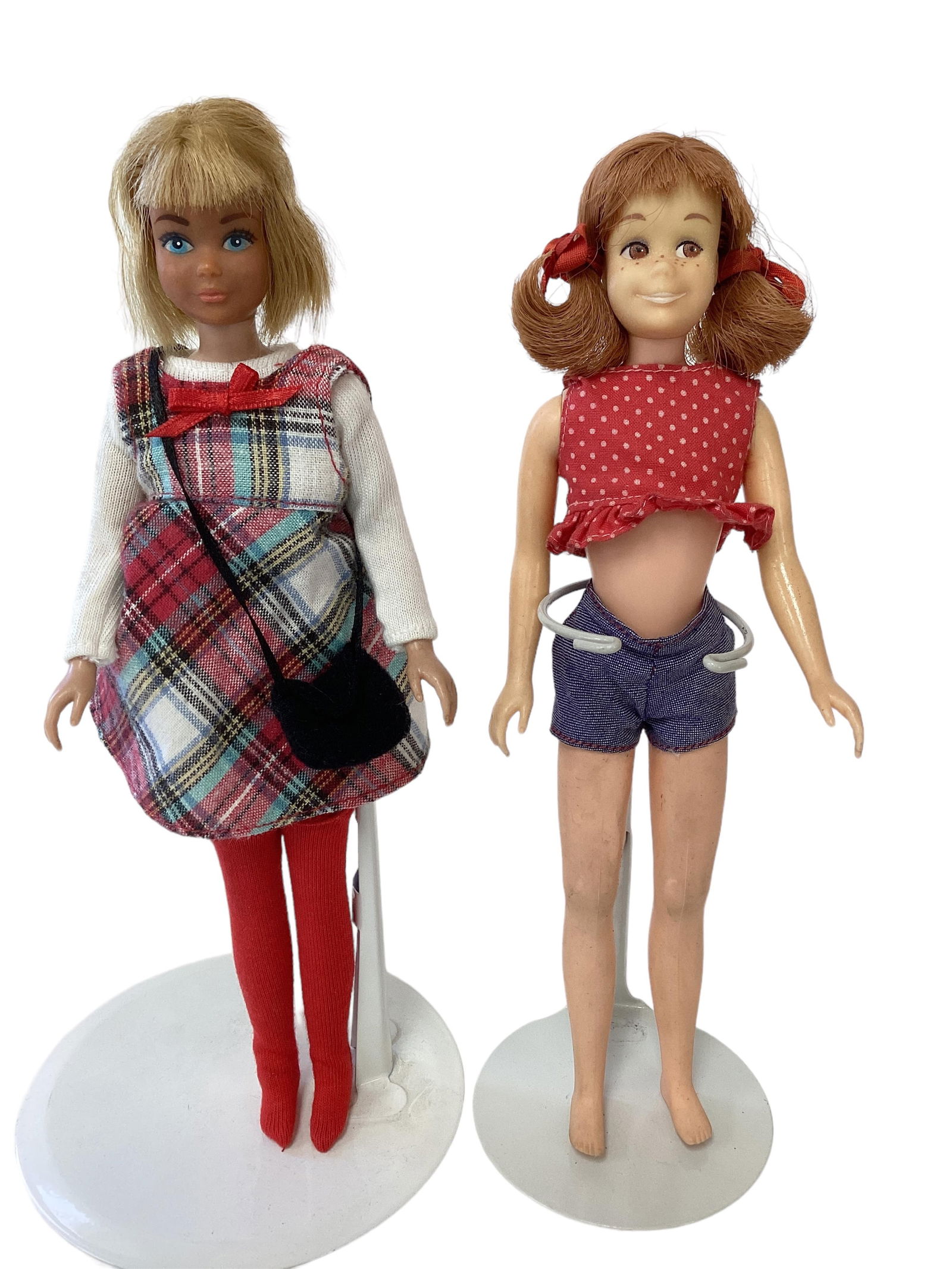 Skipper and Scooter Dolls: Skipper and Scooter Dolls(2) Dolls including (1) Scooter Doll in very nice condition - hair is fantastic from pigtails w/ red ribbons - legs bend - original outfit - nice body - needs light cleaning.