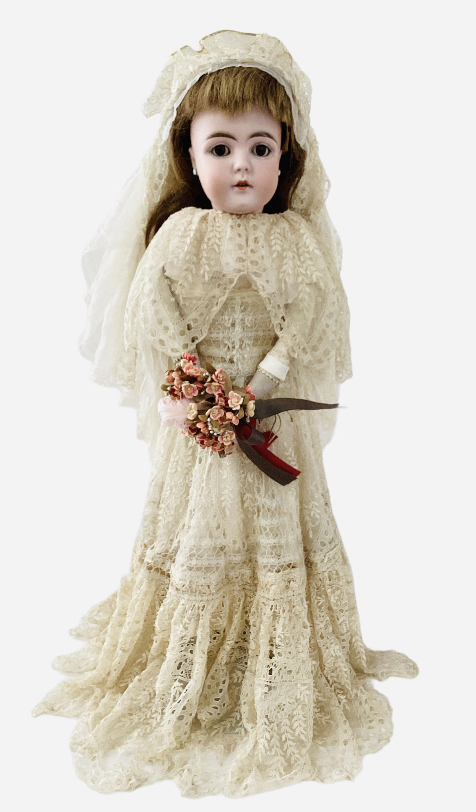Kestner 149 bisque socket head on shoulderplate.: Kestner 149 bisque socket head on shoulderplate.20" doll with human hair wig over intact plaster pate, glass sleep eyes with paint missing on bottom eye lashes, open mouth with square cut teeth,