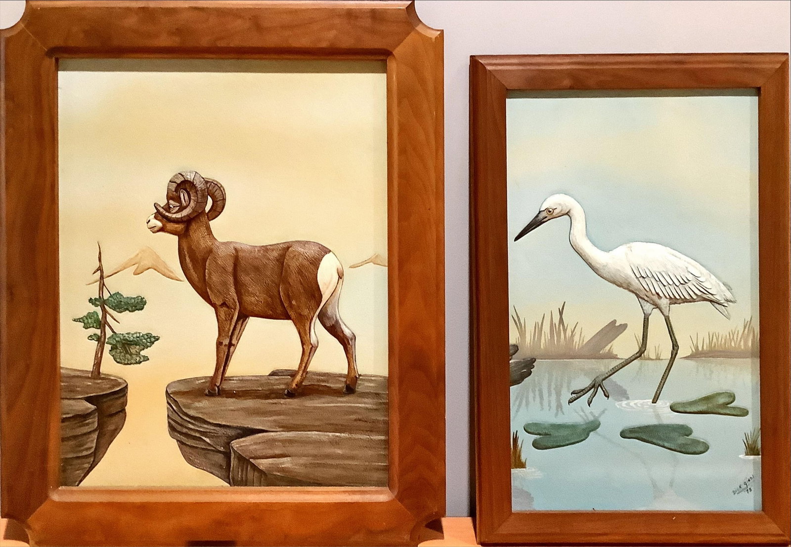 Dick Giehl, American 1918-2002, Relief Paintings of Ram and Heron, Paint on leather, Ram picture mea (1 of 7)